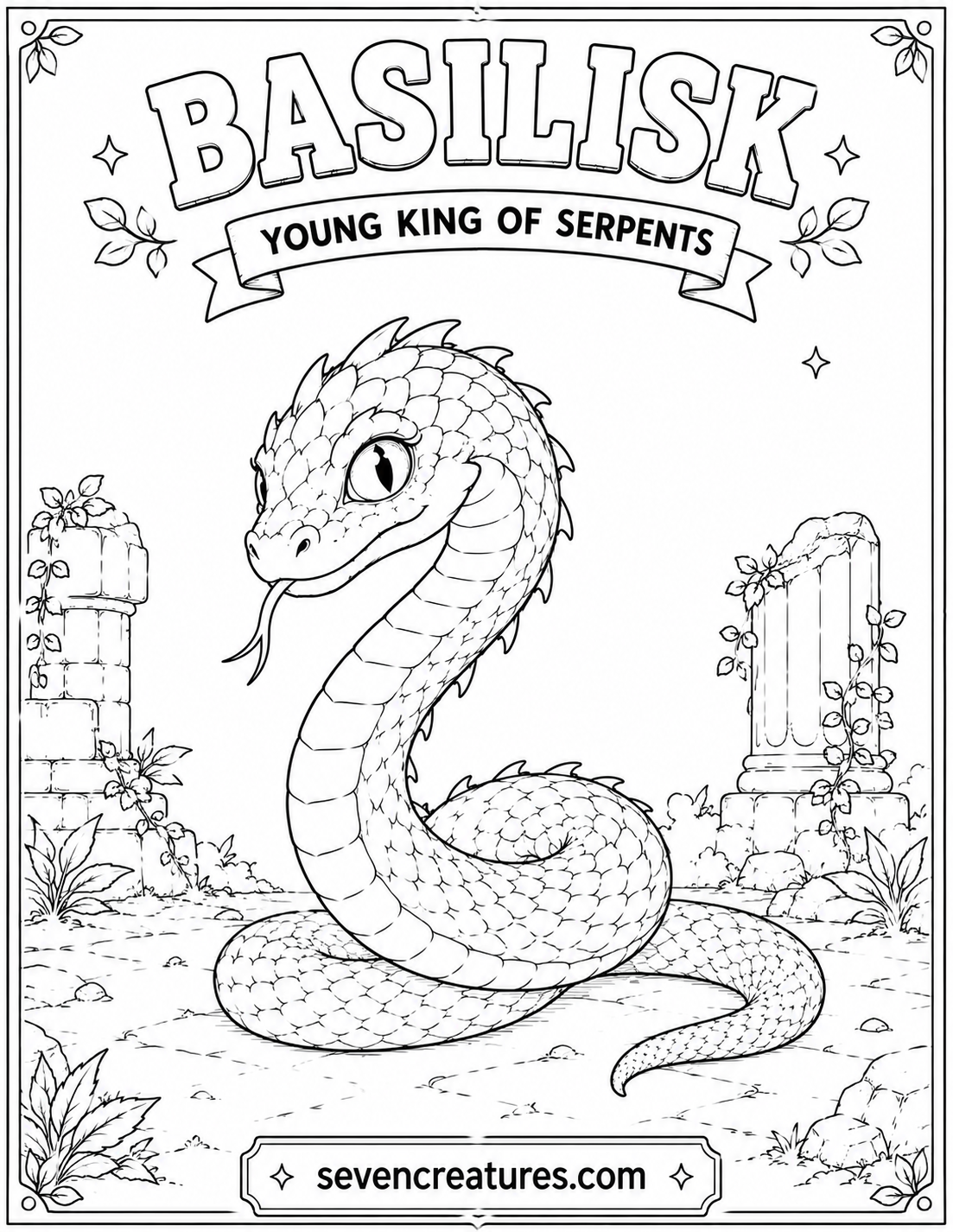 Young Basilisk between stone pillars coloring page