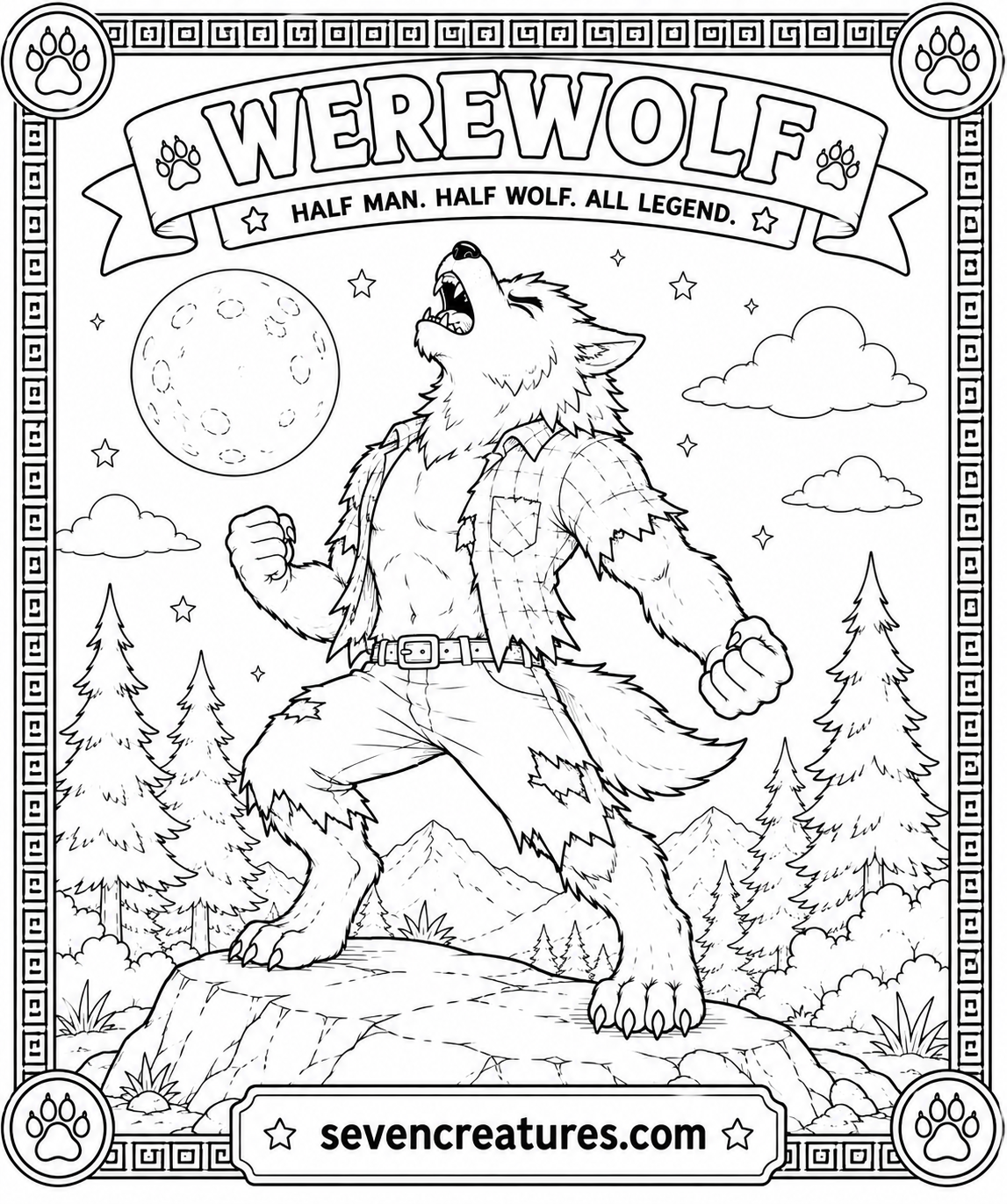 Printable werewolf coloring page howling at the full moon on a rock