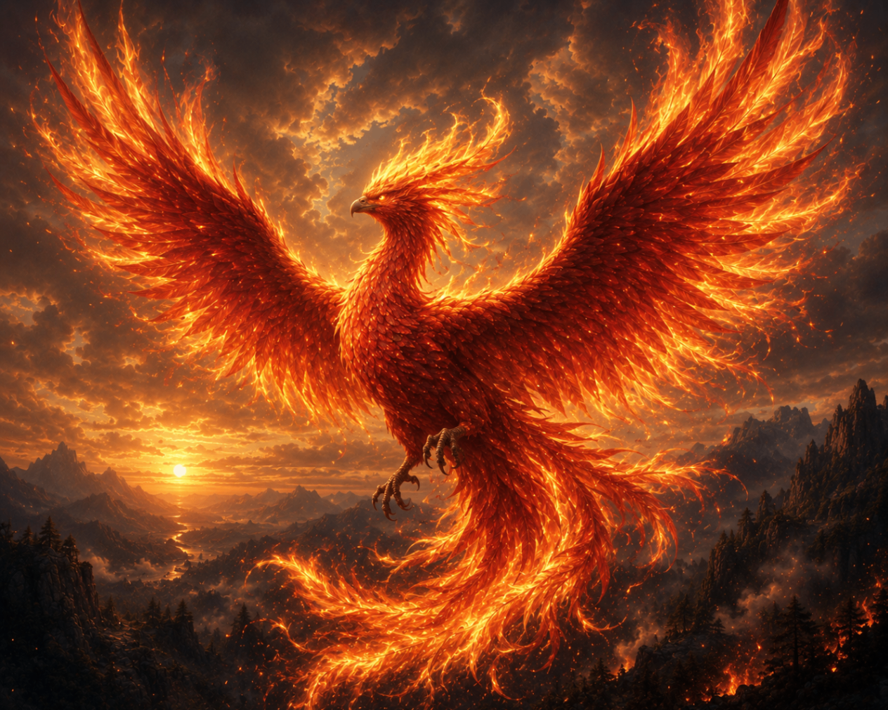 Fiery phoenix with glowing red wings flying above a dramatic sunset valley