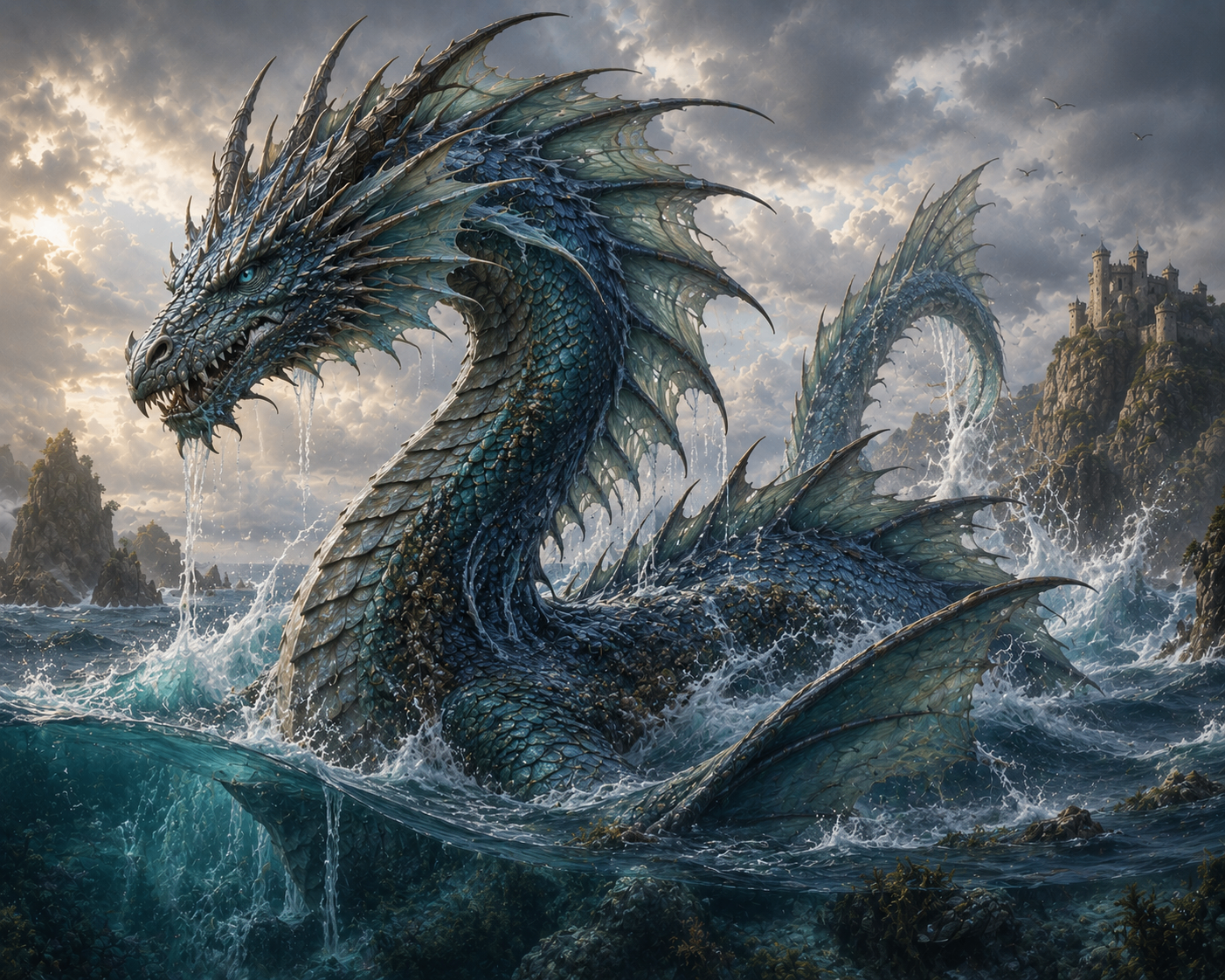 Sea dragon rising from stormy ocean waves near rocky cliffs