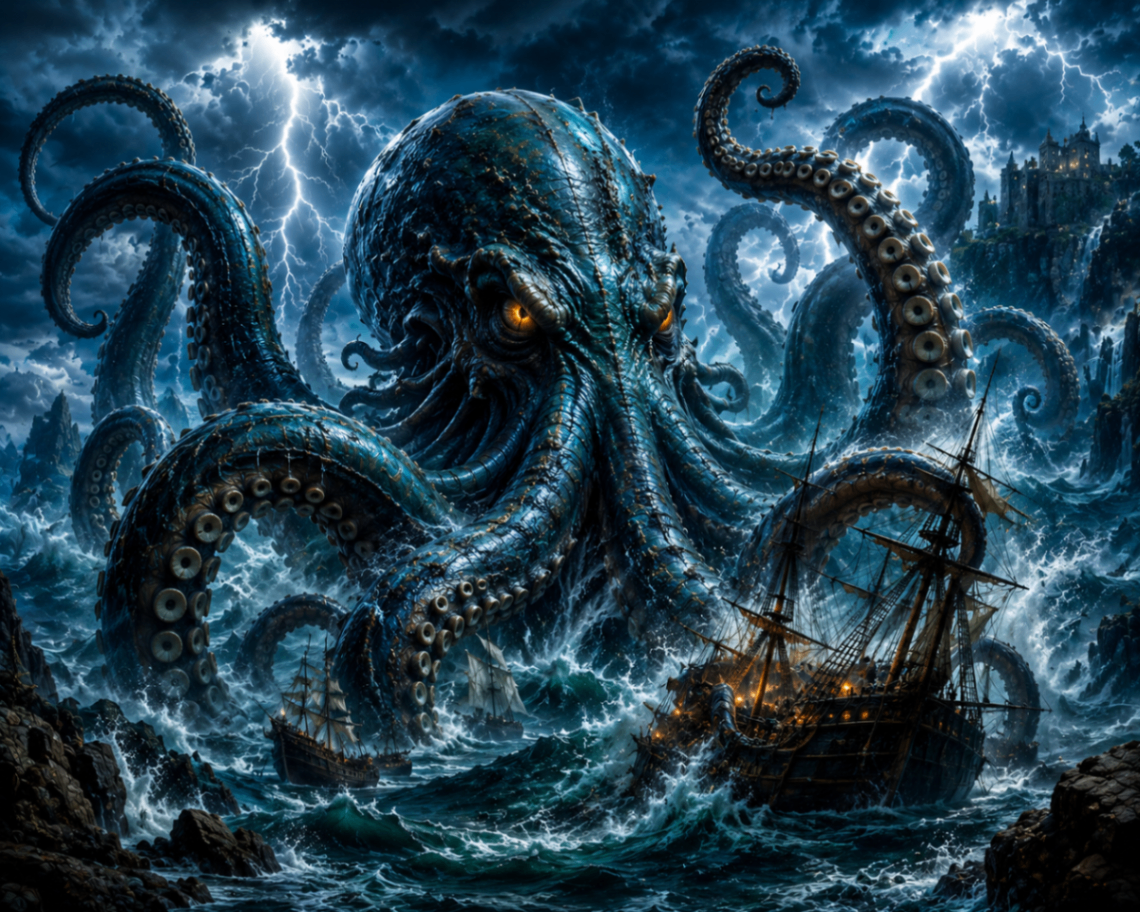 Towering Kraken with curling tentacles