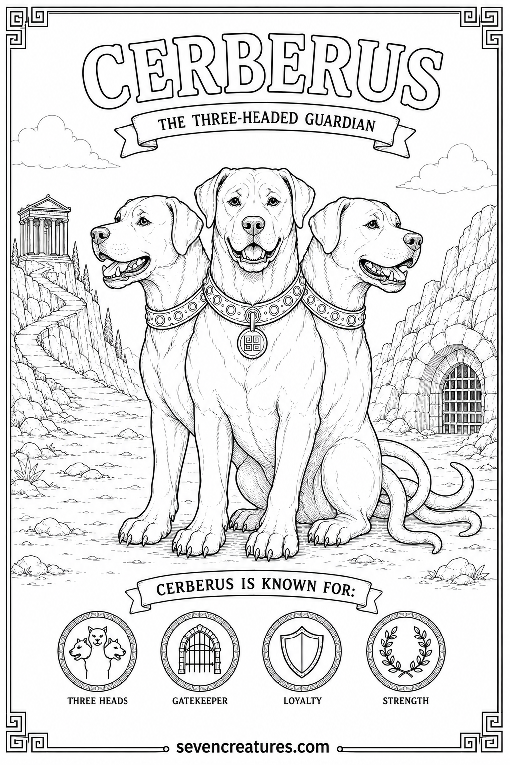 Printable coloring page of a friendly three-headed Cerberus with a Greek temple in the background