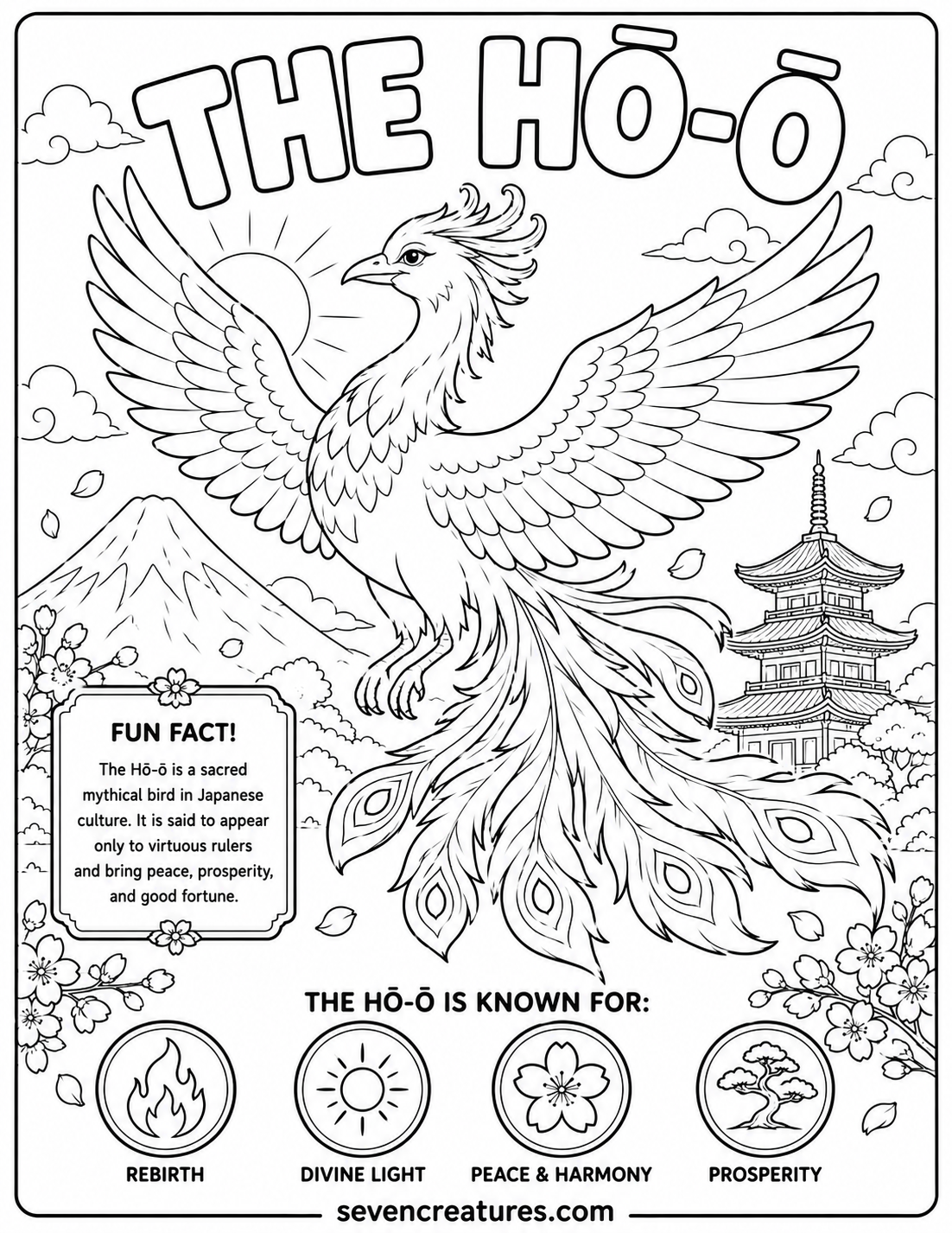 Printable Hō-ō coloring page with Japanese scenery and temple