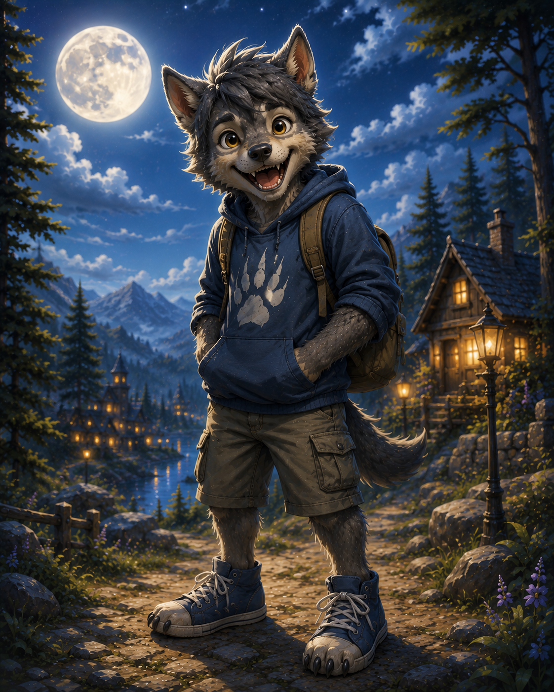 Friendly young werewolf cub in a hoodie and backpack ready for adventure