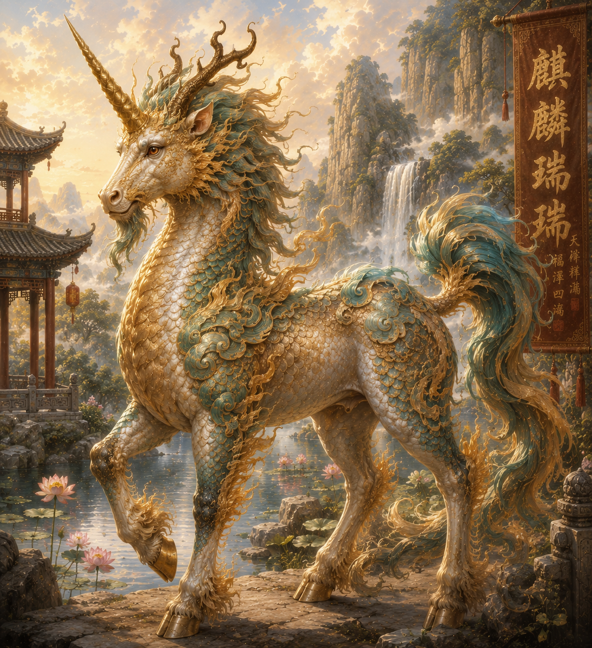 Qilin-inspired unicorn with gold and teal scales near a waterfall and temple