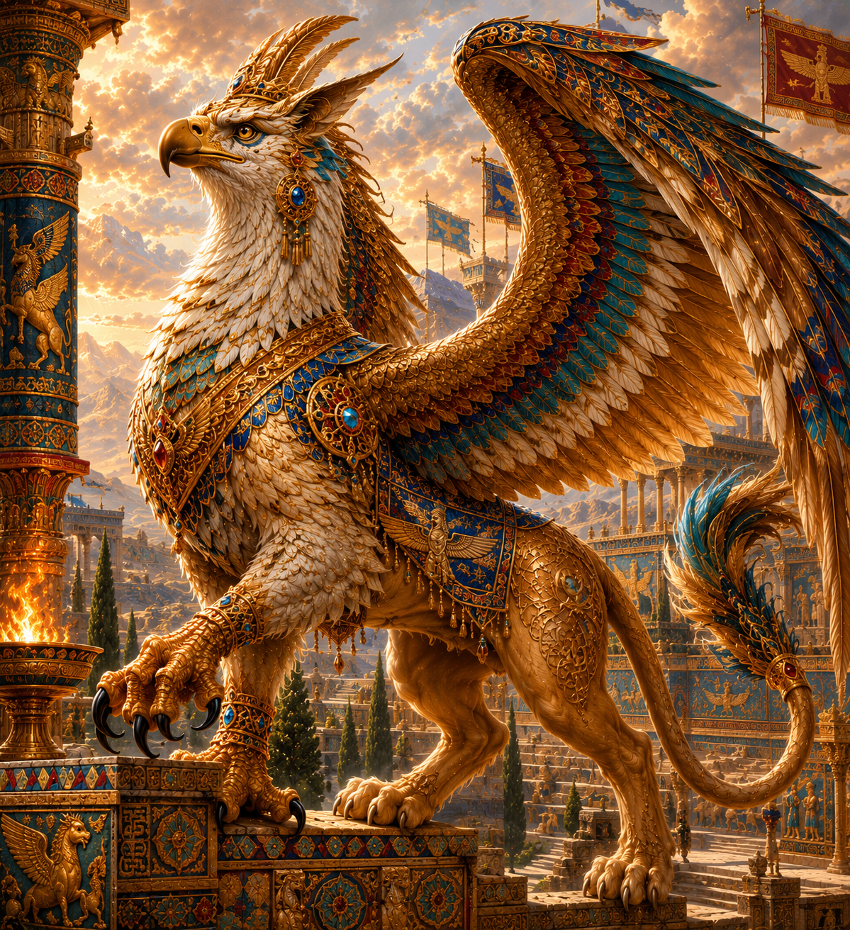 Ornate Persian griffin in a golden blue palace courtyard
