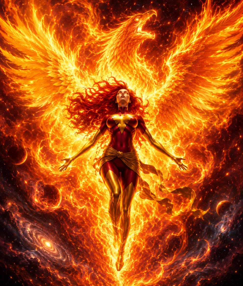 Phoenix Force-inspired cosmic figure surrounded by blazing phoenix wings and stars