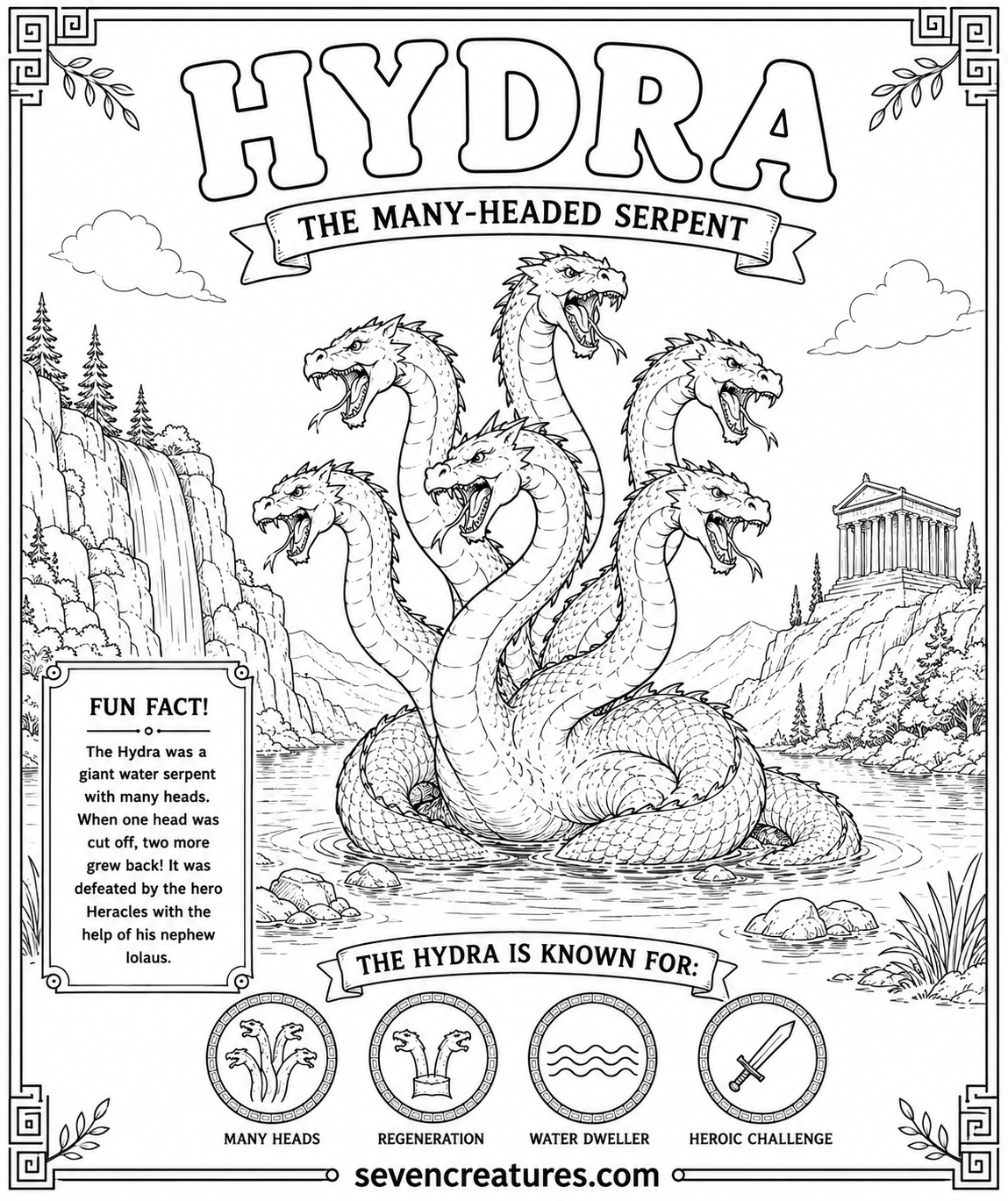Printable Hydra coloring page with seven heads beside a waterfall and Greek temple