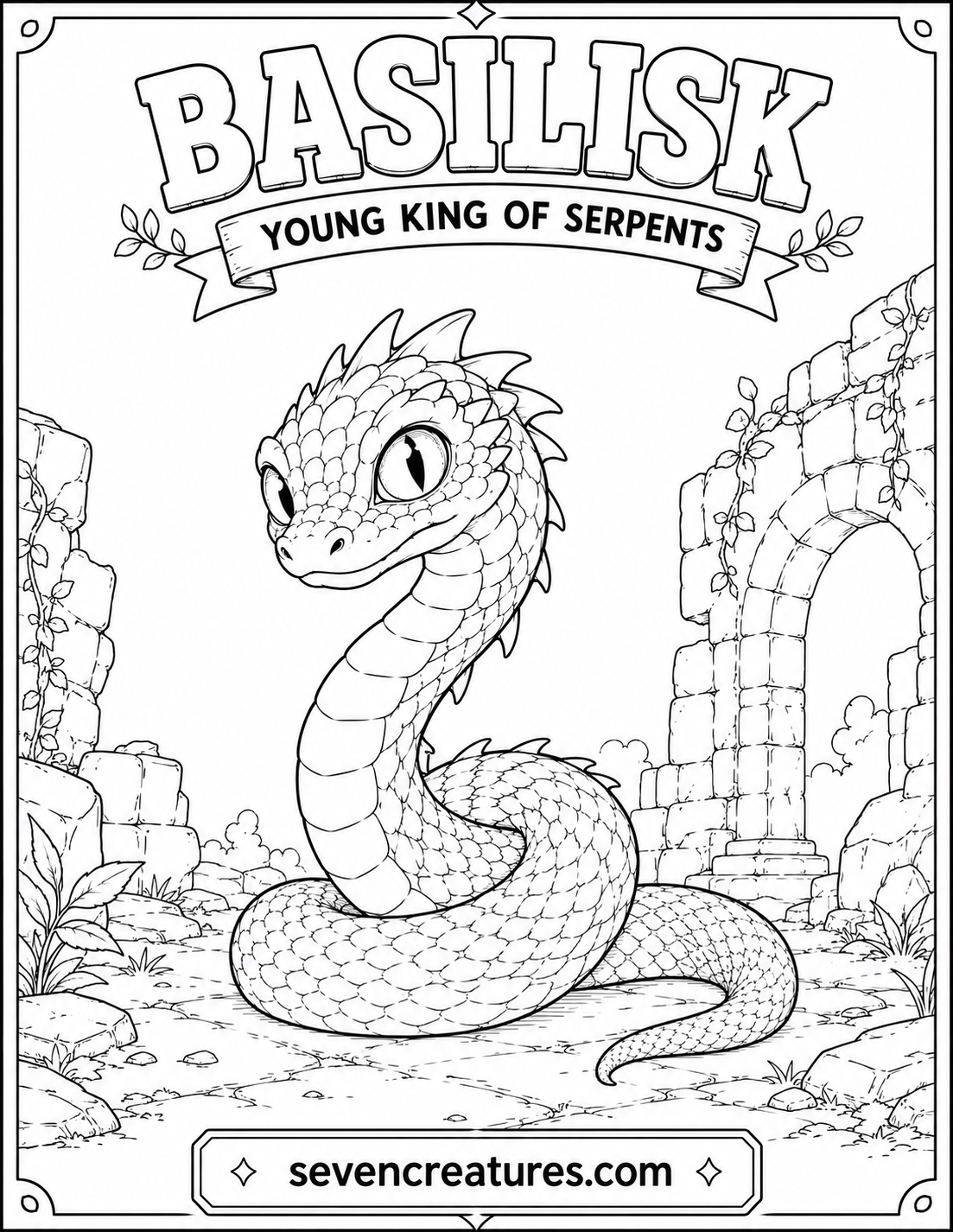 Young Basilisk among ancient ruins coloring page