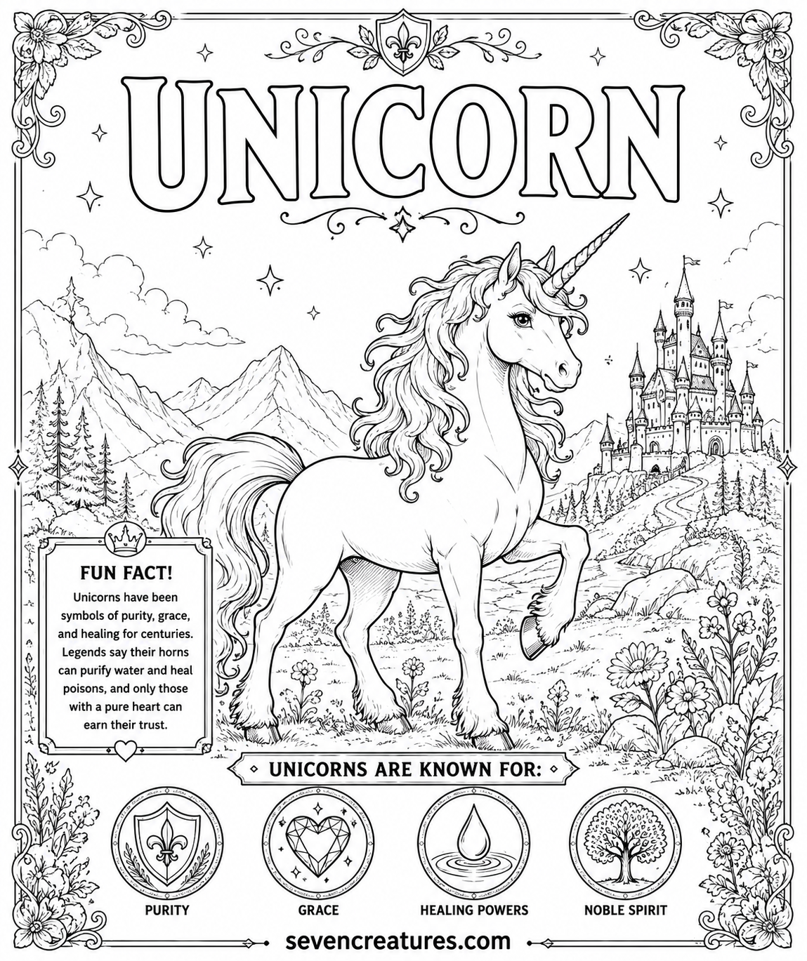 Printable classic unicorn coloring page with castle and mountains