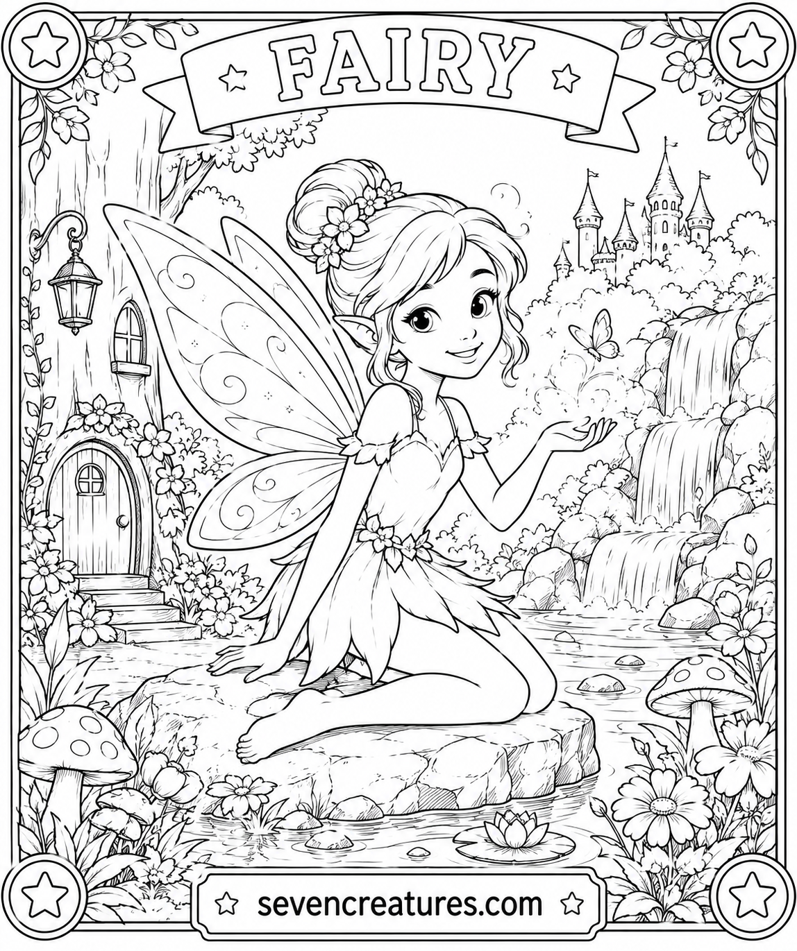 Printable fairy coloring page with a fairy by a waterfall and a far-off castle