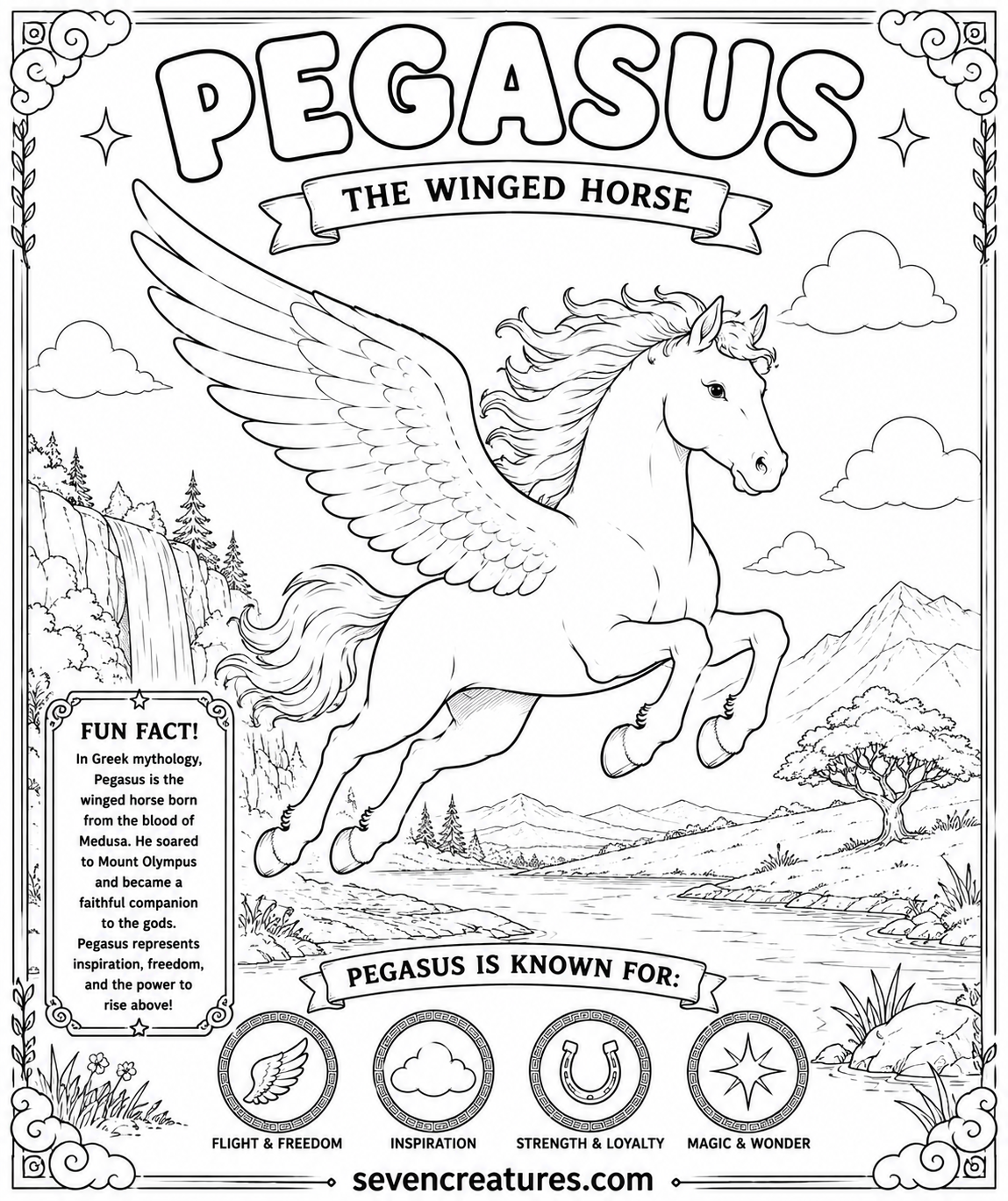 Printable Pegasus coloring page flying over waterfall