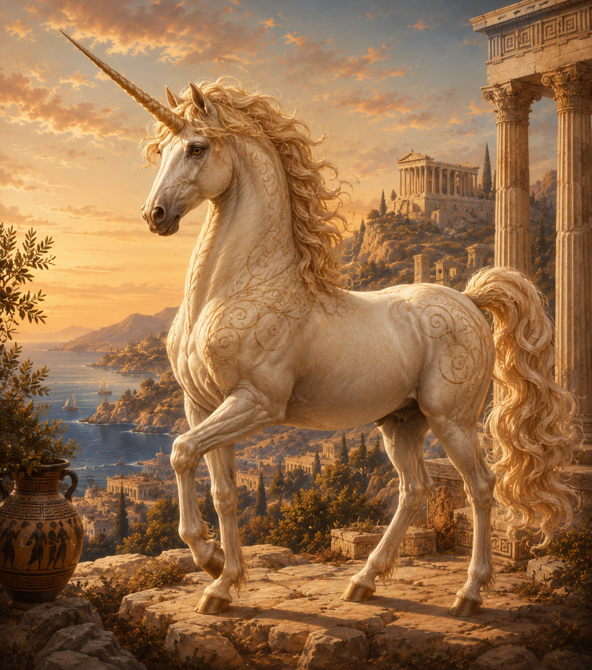 Golden-lit unicorn in an ancient Greek landscape above the sea