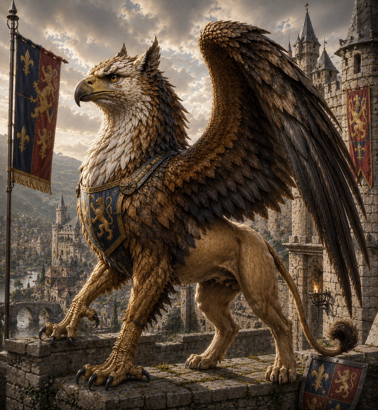 Medieval European griffin beside castle towers and heraldic banners