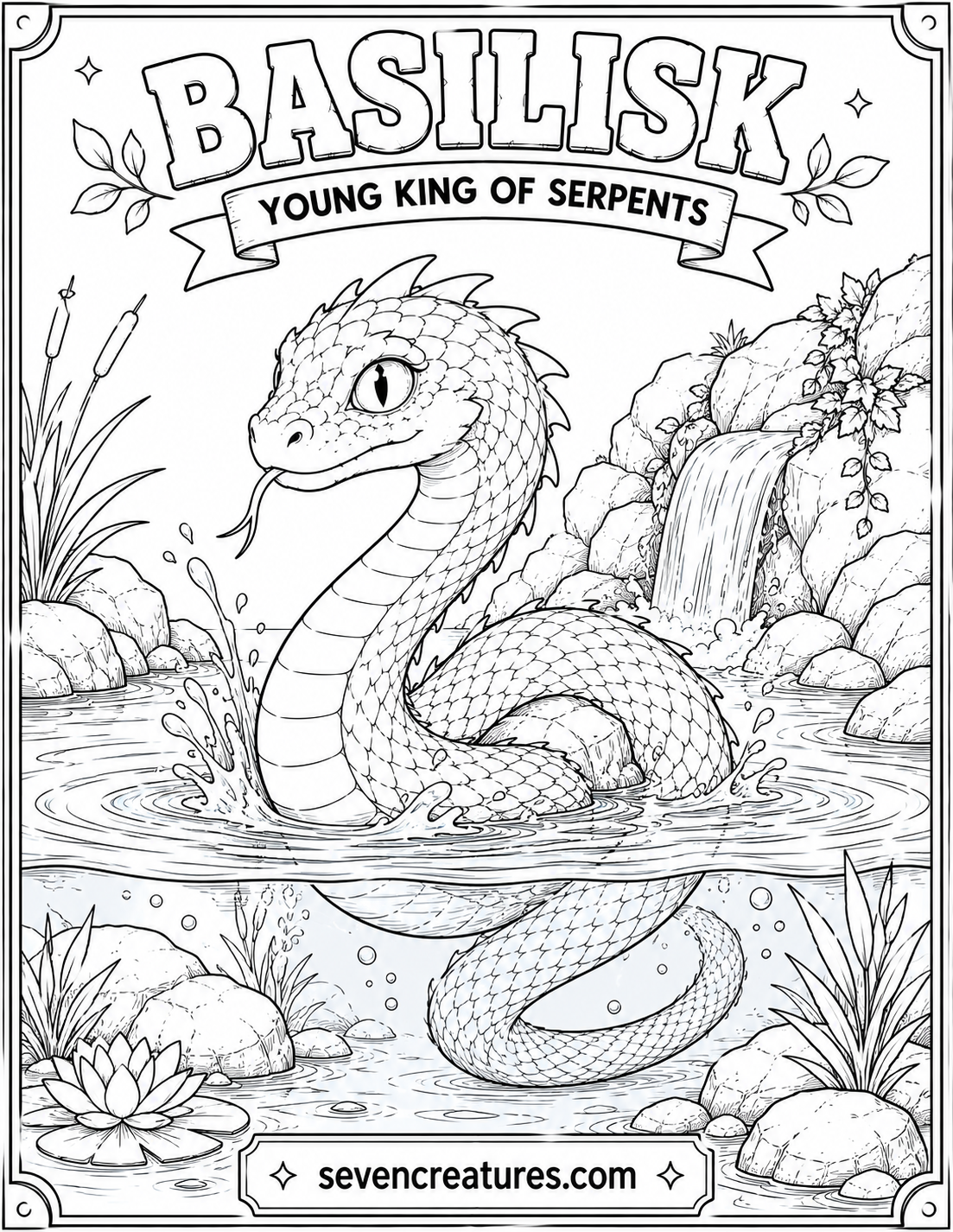 Young Basilisk at a waterfall pond coloring page