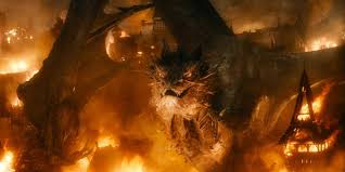 Smaug the dragon from The Hobbit amid burning Laketown