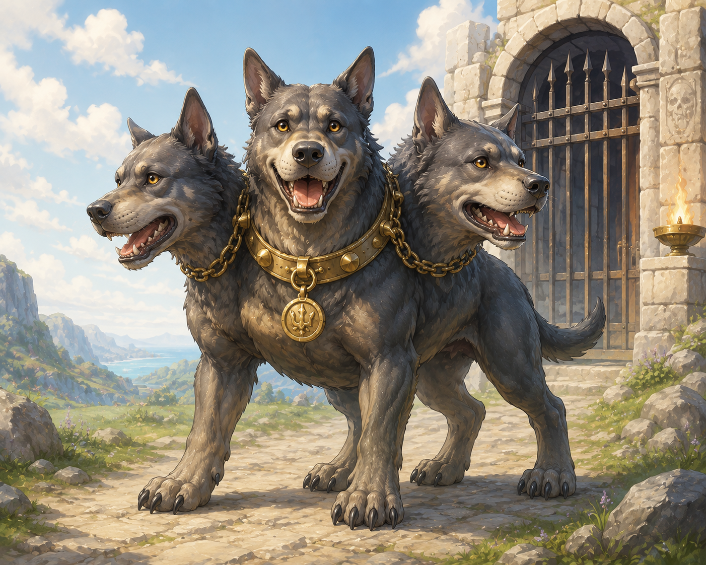 Cerberus guarding the iron gates of the Underworld with a burning torch nearby