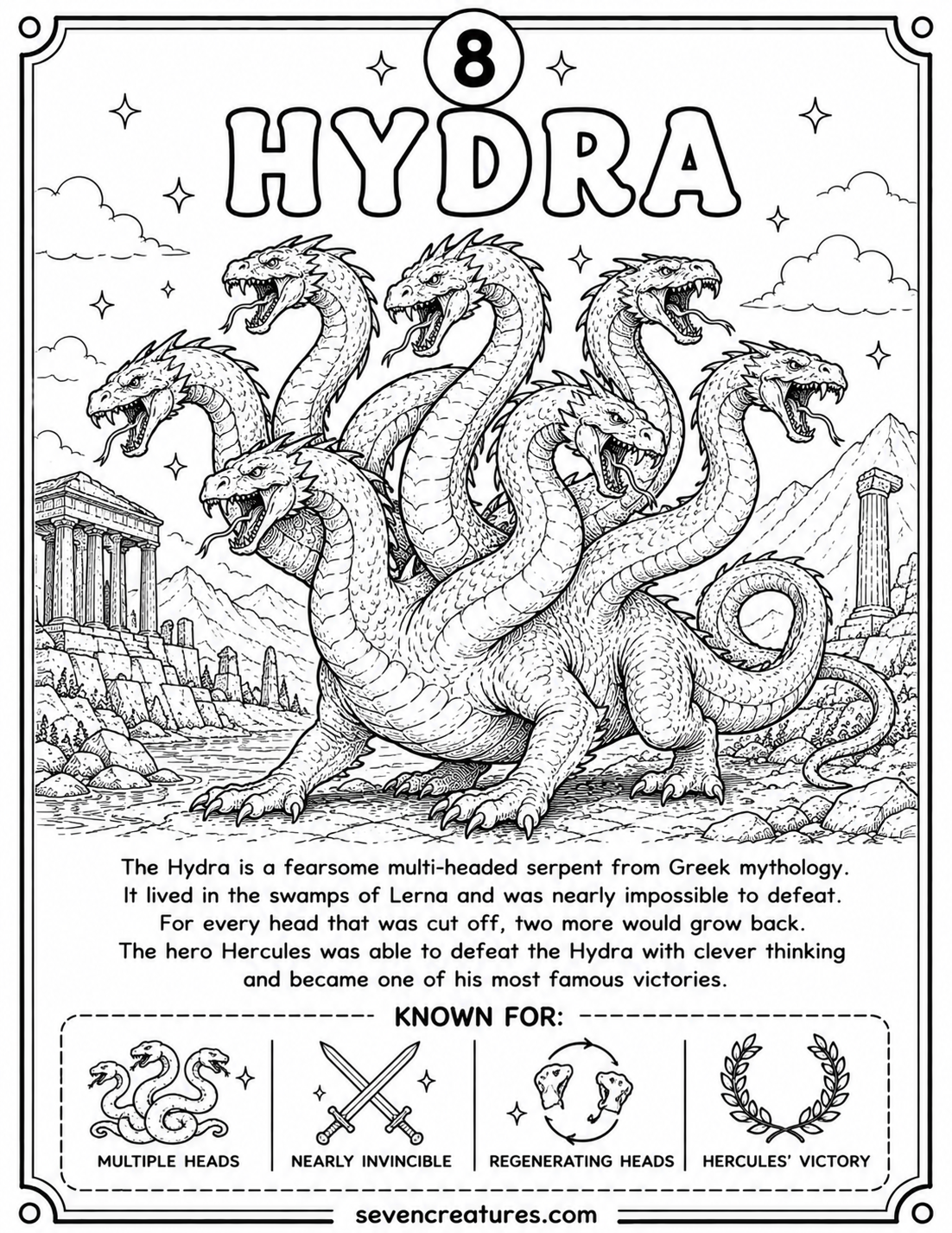 Printable Hydra coloring page with multiple serpent heads