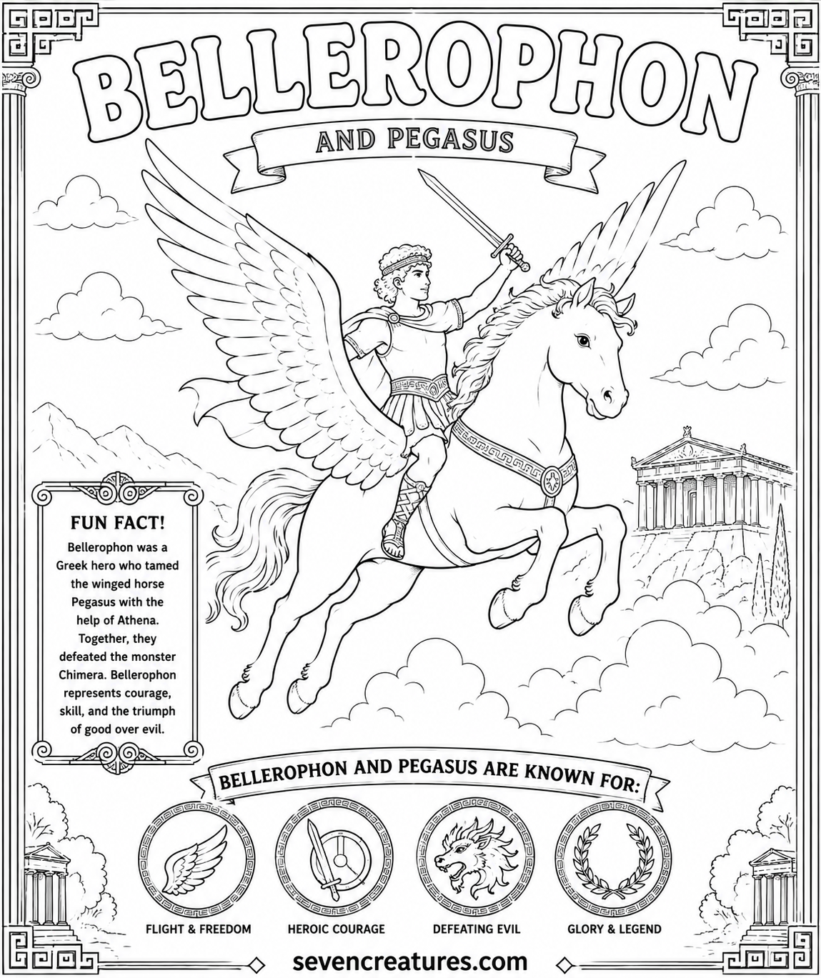 Printable Bellerophon riding Pegasus coloring page