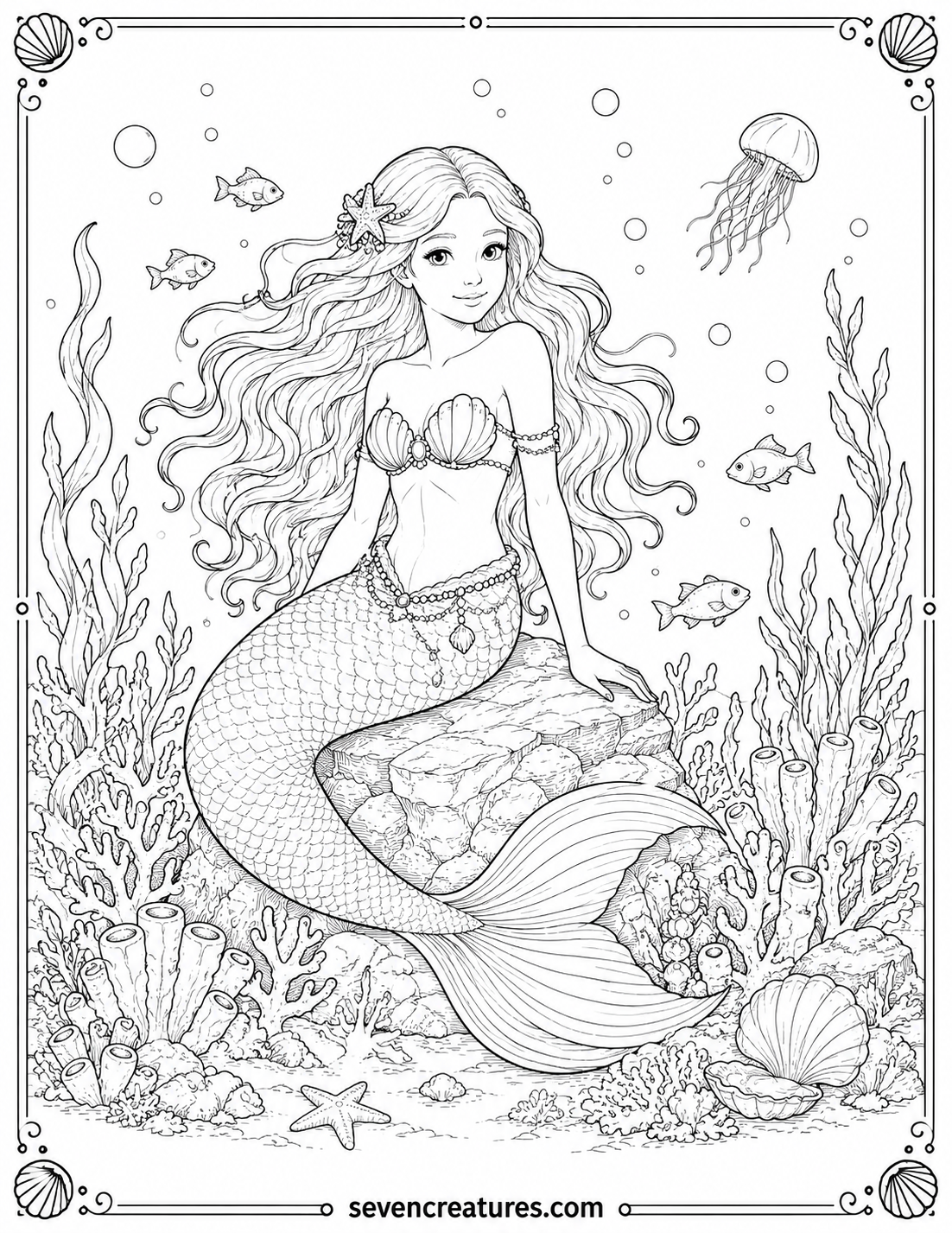 Printable mermaid coloring page with coral, fish, and a jellyfish floating above