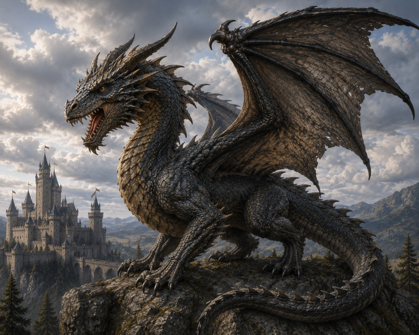 Wyvern-like dragon with two legs and two wings perched on a rocky cliff