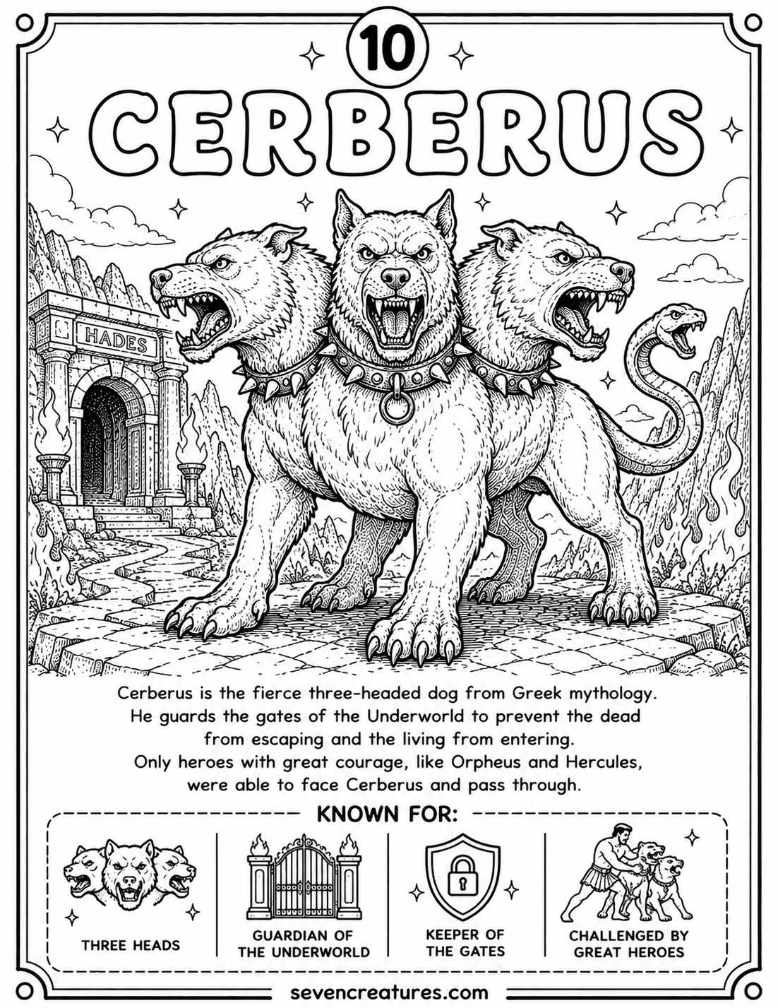 Printable Cerberus coloring page with three-headed guardian dog