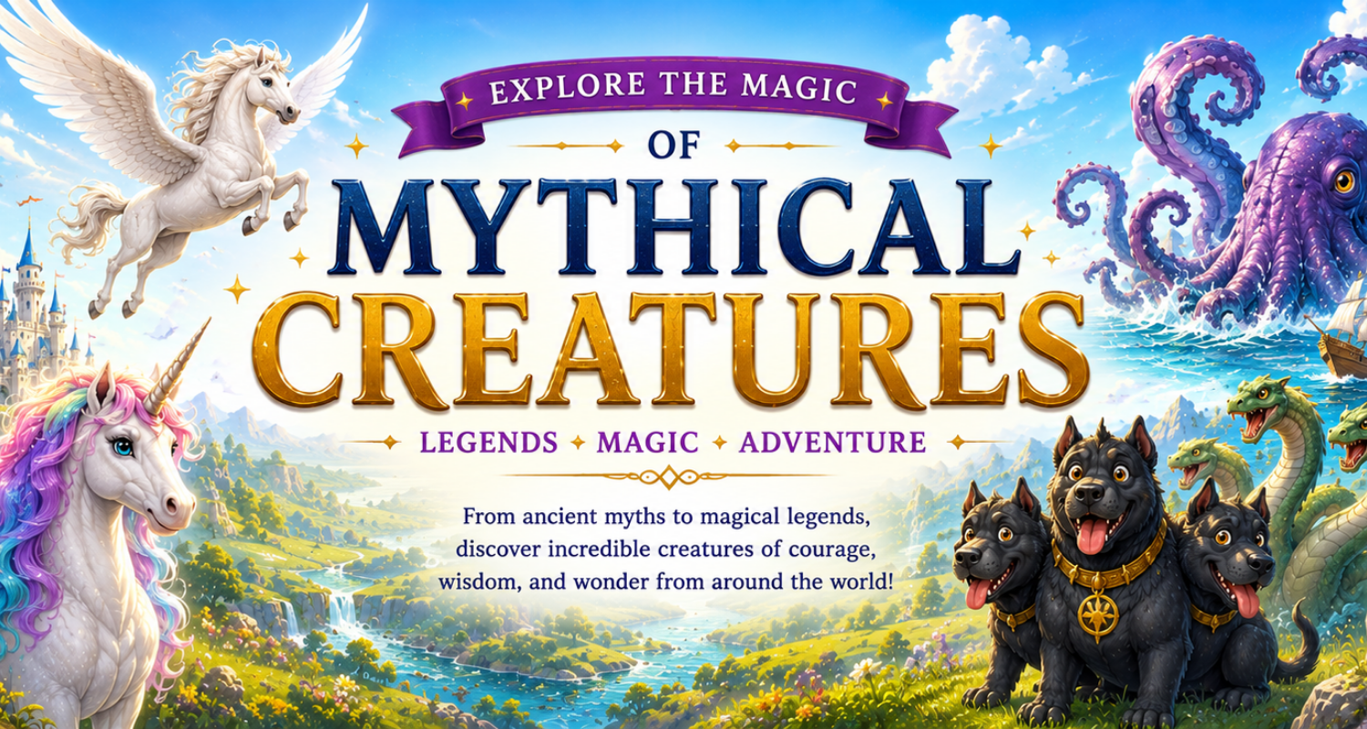 Mythical creatures banner featuring a pegasus, unicorn, kraken, cerberus, and hydra with the words Explore the Magic of Mythical Creatures