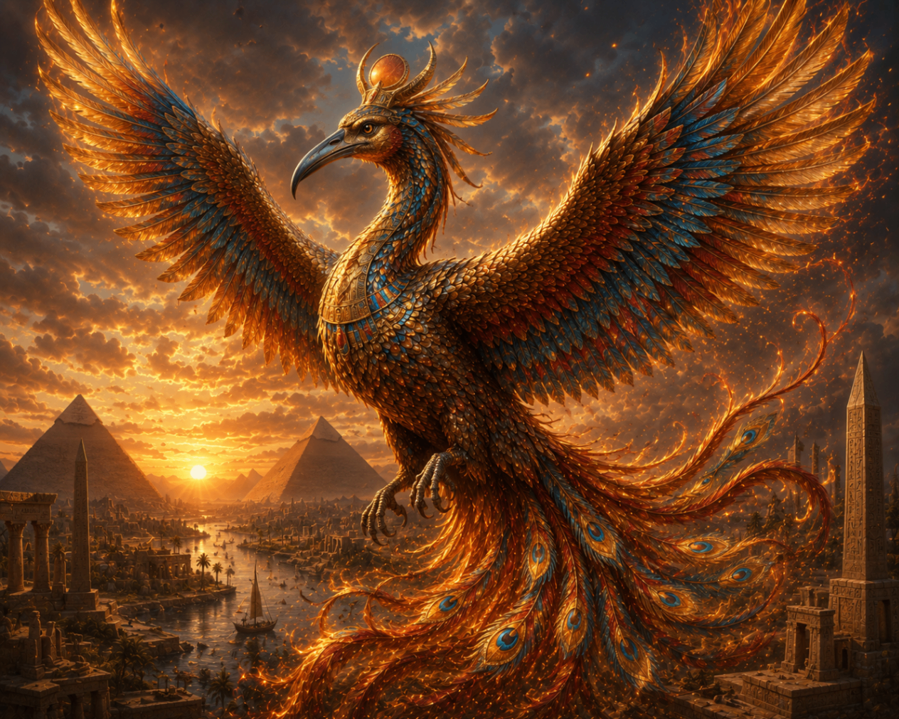 Bennu bird with Egyptian-inspired plumage and pyramids in the background