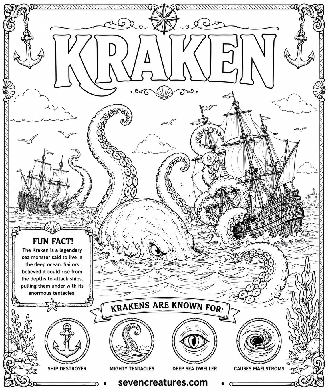 Printable Kraken coloring page attacking tall ships on the open sea