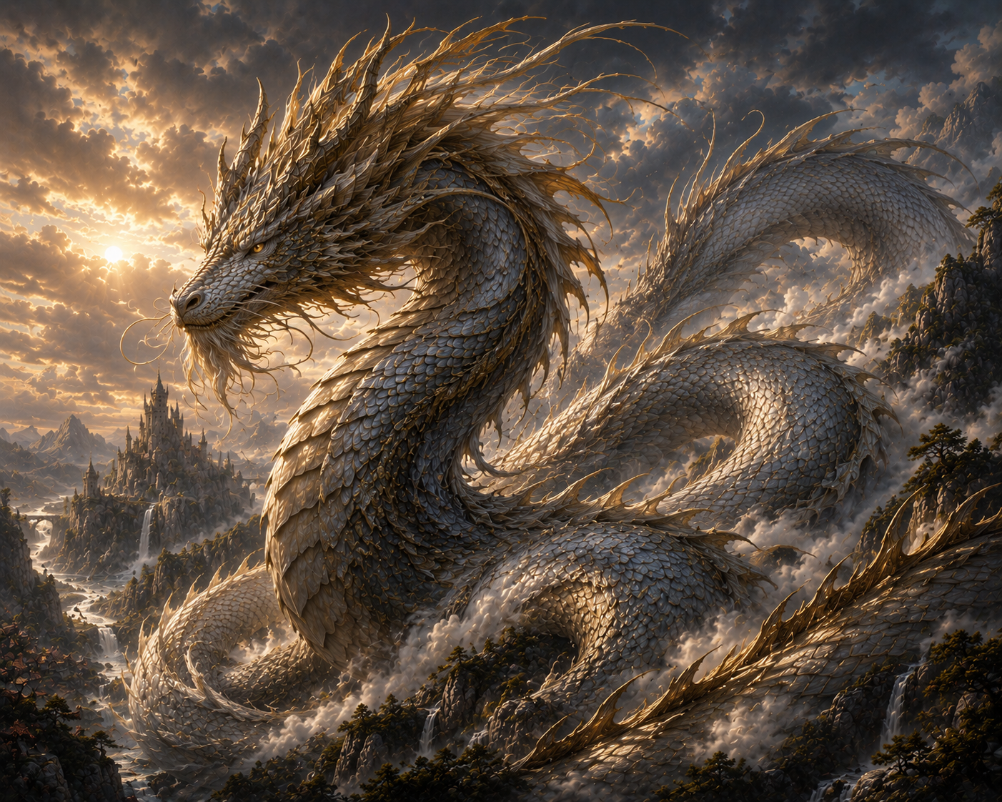 Massive serpentine wingless wyrm coiling through misty mountain valley at sunset