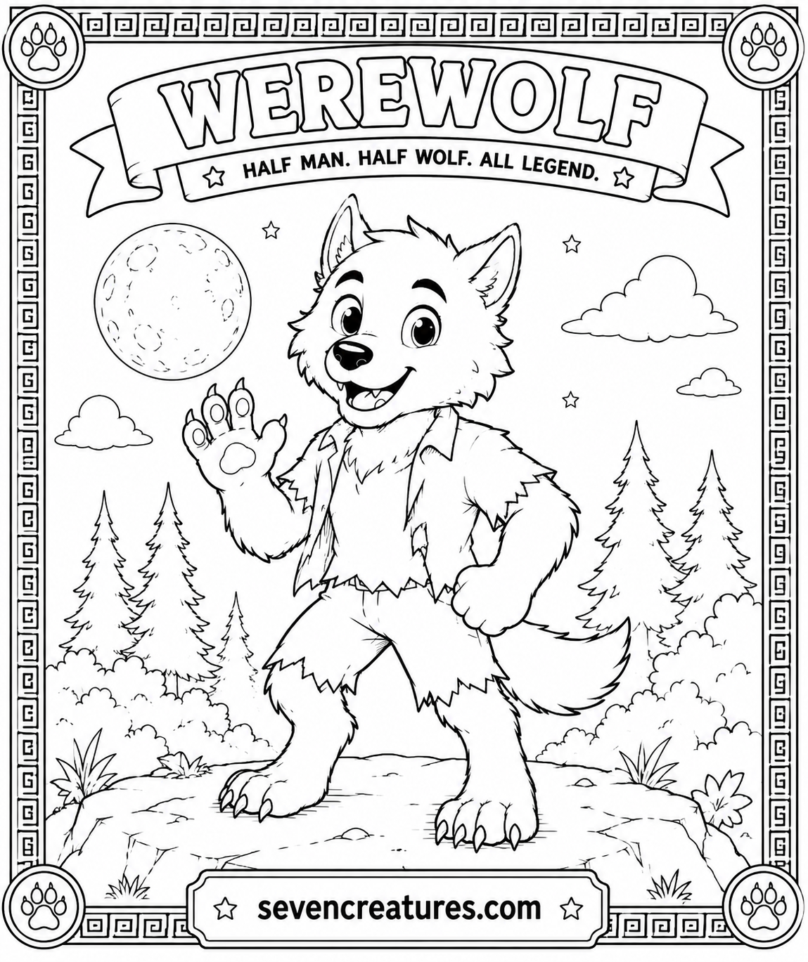 Printable friendly cartoon werewolf coloring page waving with paw