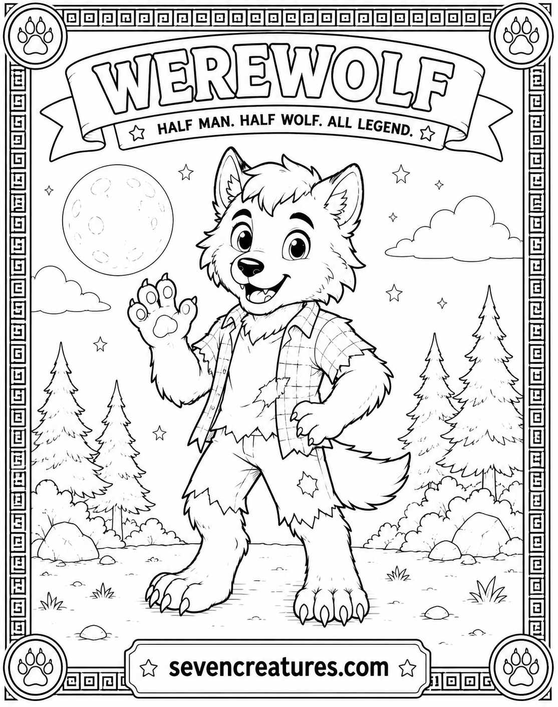 Printable cheerful werewolf coloring page in a forest clearing