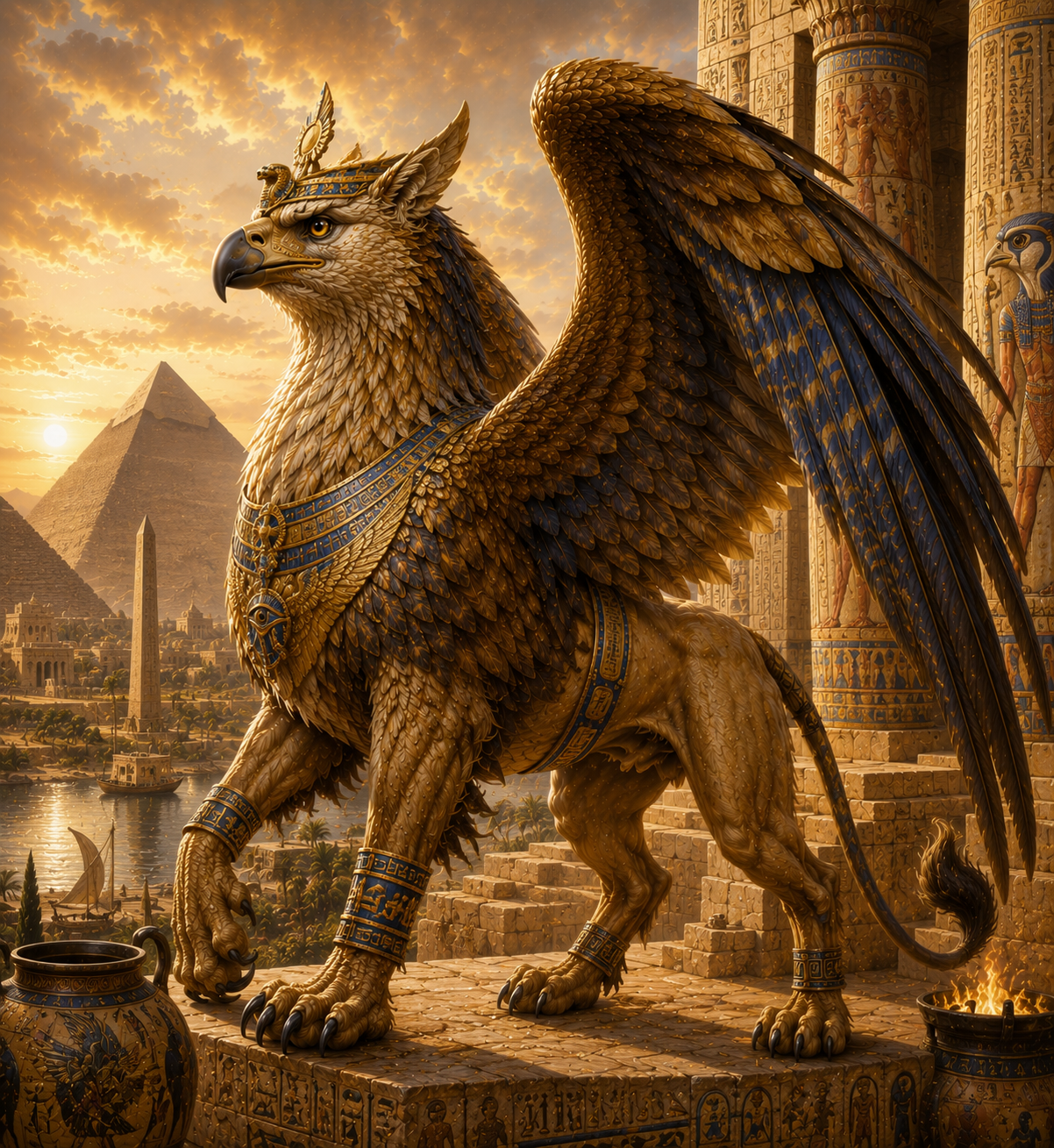 Royal griffin in ancient Egypt near pyramids and temple columns at sunset