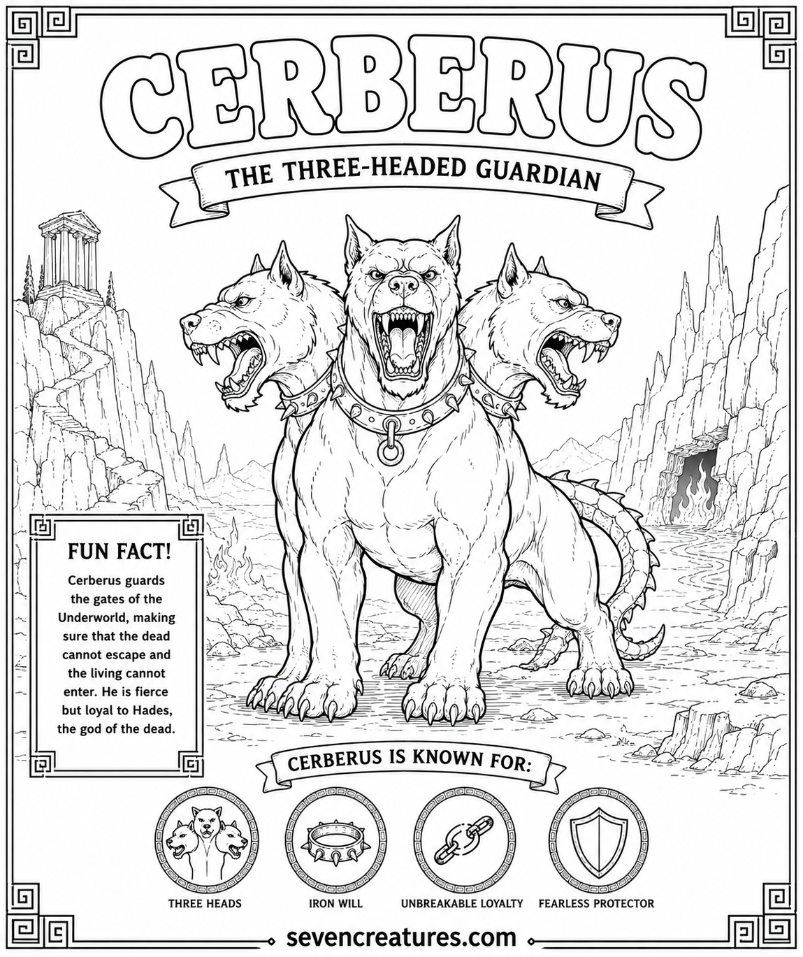 Printable coloring page of a fierce three-headed Cerberus roaring at the gates of the Underworld