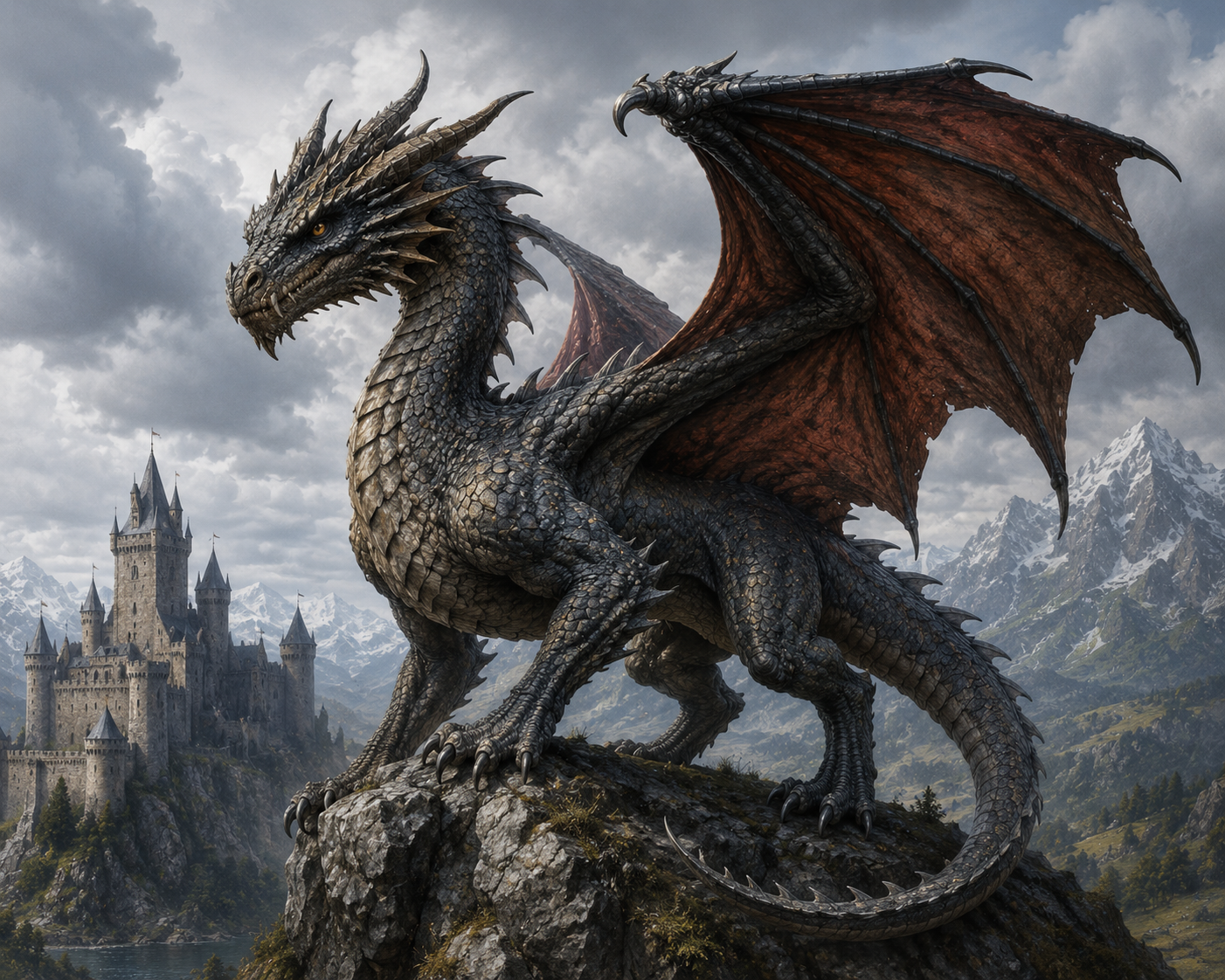 European dragon with wings perched on a rock near a castle