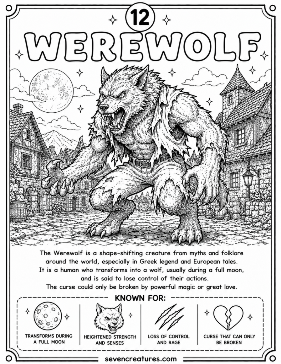 Printable werewolf coloring page with thick fur, claws, and the full moon