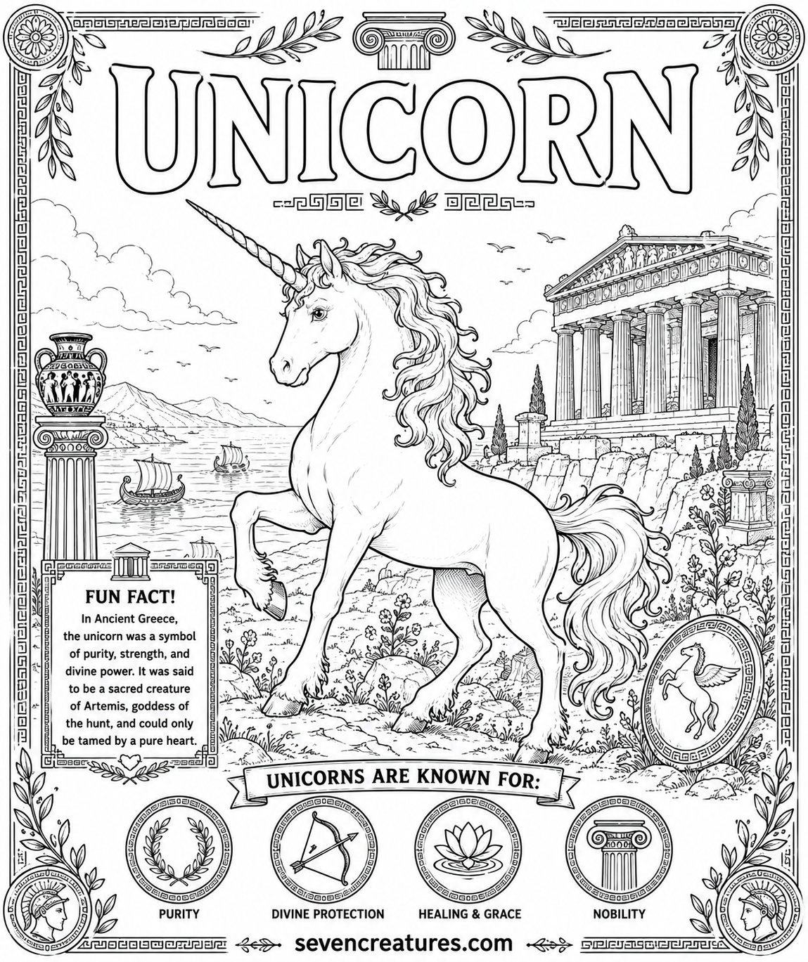 Printable Ancient Greek unicorn coloring page with temple and columns