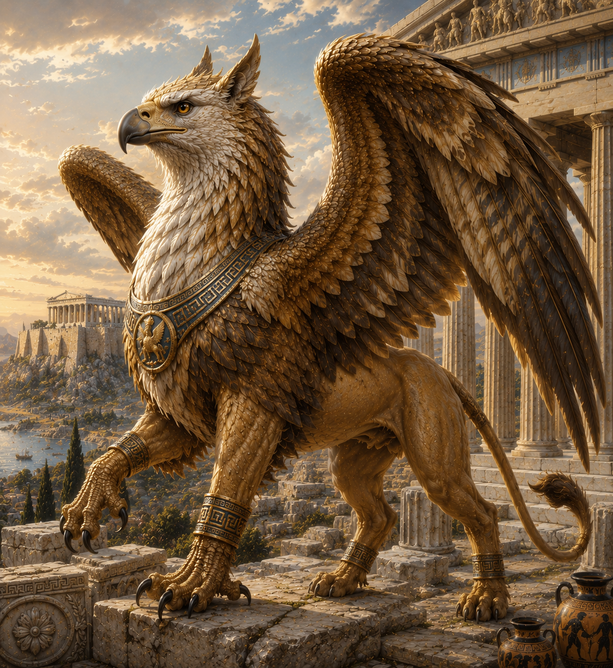 Majestic griffin in ancient Greek ruins overlooking the sea
