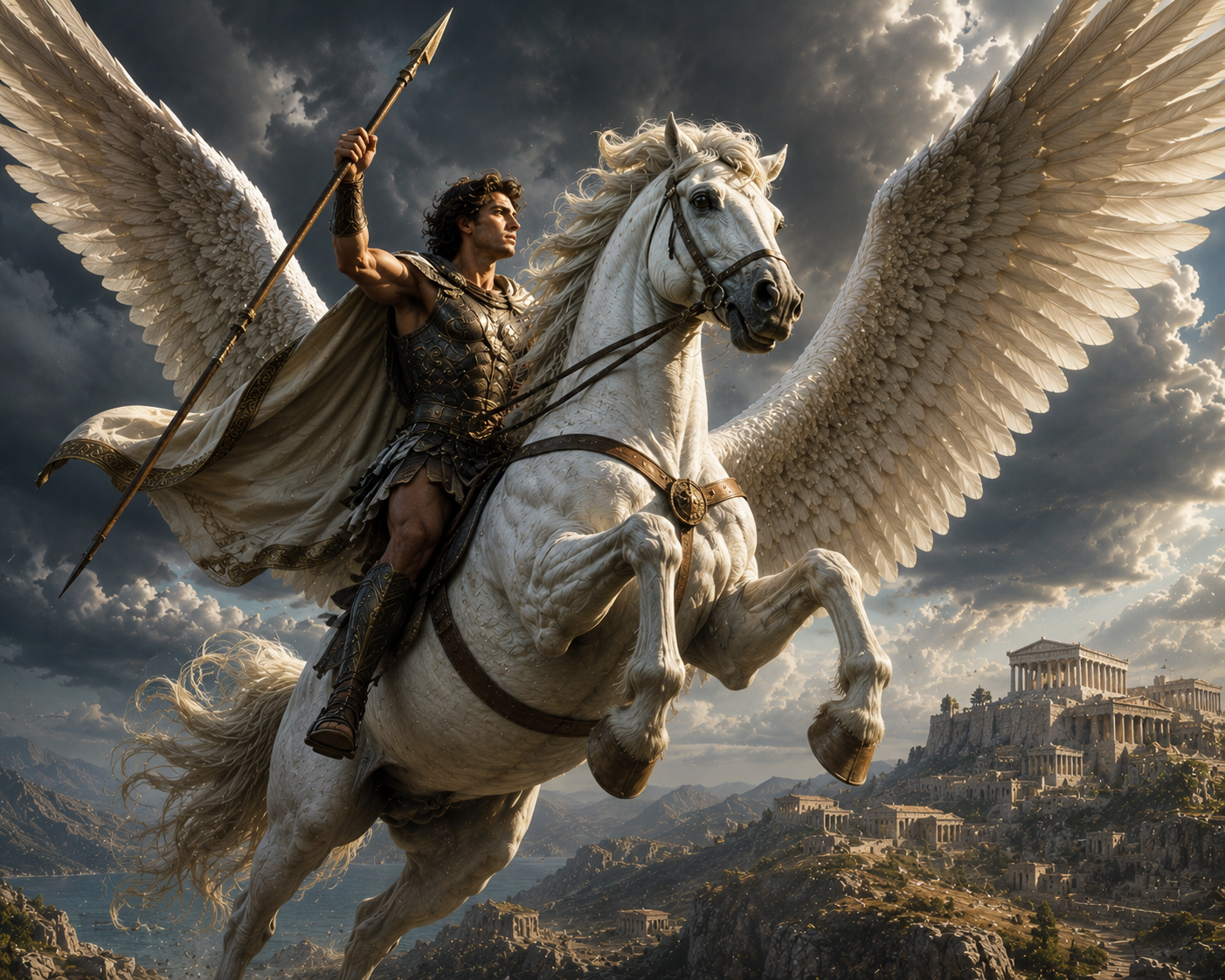 Bellerophon riding Pegasus above ancient Greek ruins with spear in hand