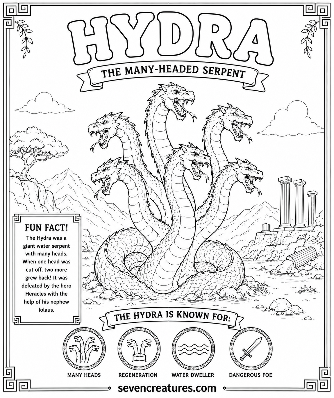 Printable Hydra coloring page with six heads near ancient Greek ruins