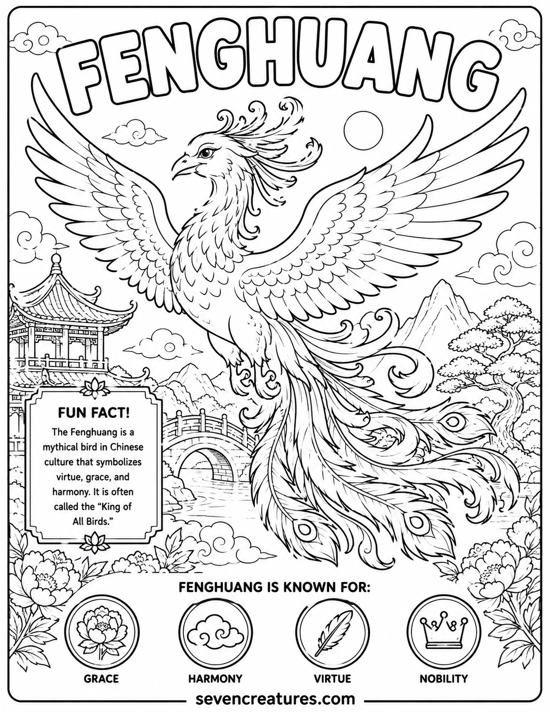 Printable Fenghuang coloring page with ornate Chinese-inspired scenery