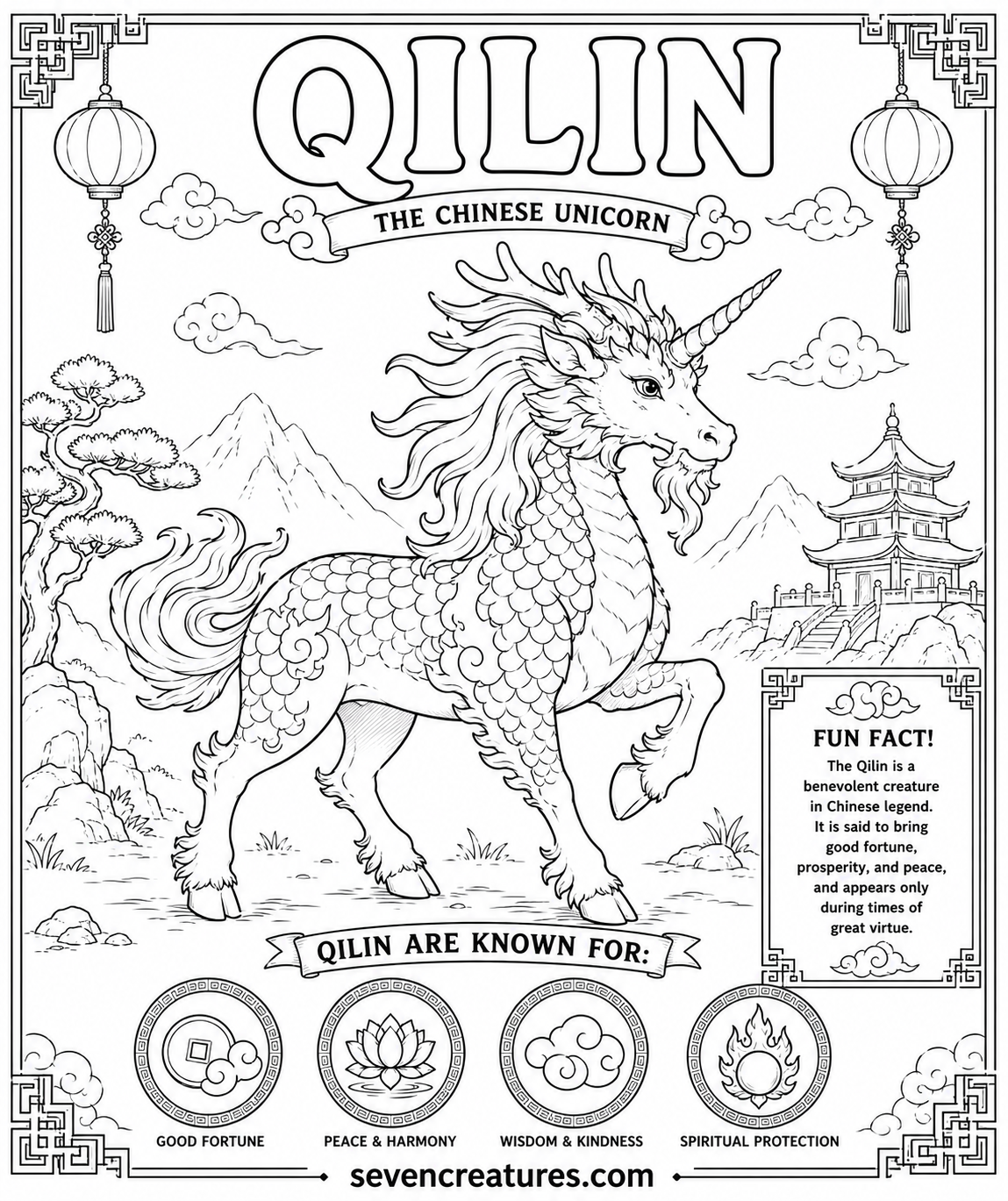 Printable Qilin Chinese unicorn coloring page with pagoda and lanterns