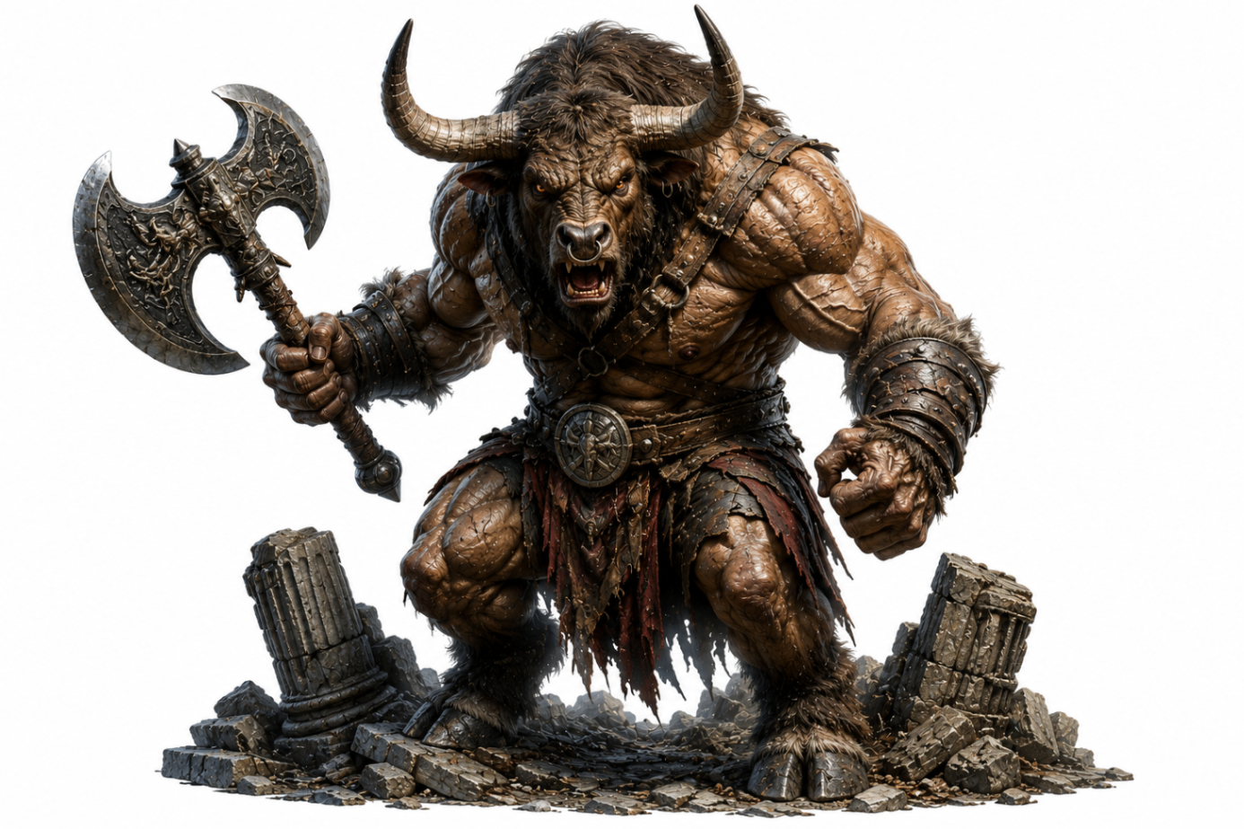 Mythical Minotaur standing tall inside the Labyrinth of Crete