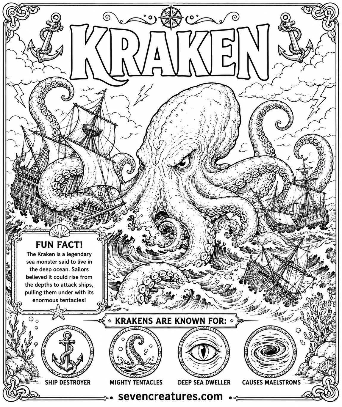 Printable Kraken coloring page with ships in a stormy ocean battle