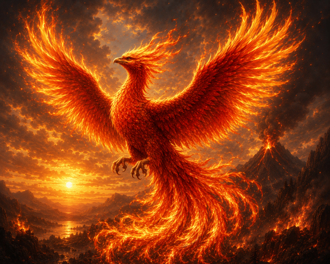 Classical fiery phoenix with glowing orange feathers above a volcanic landscape