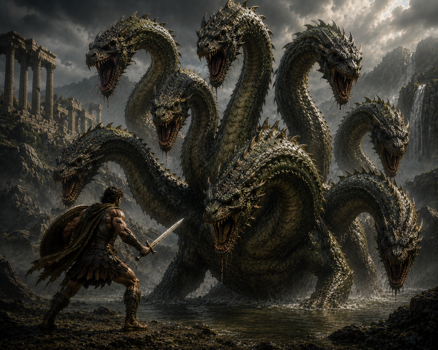 Epic illustration of Heracles battling the towering nine-headed Hydra among ancient ruins