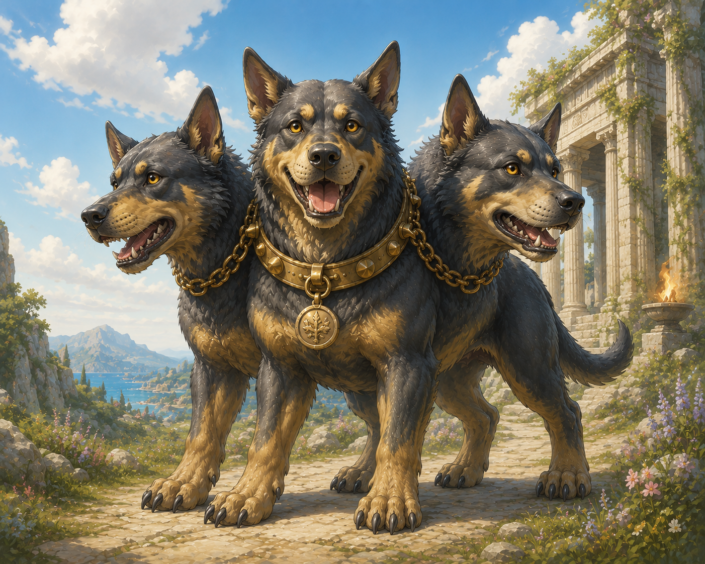 Cerberus standing watch on a sunlit path beside an ancient Greek temple