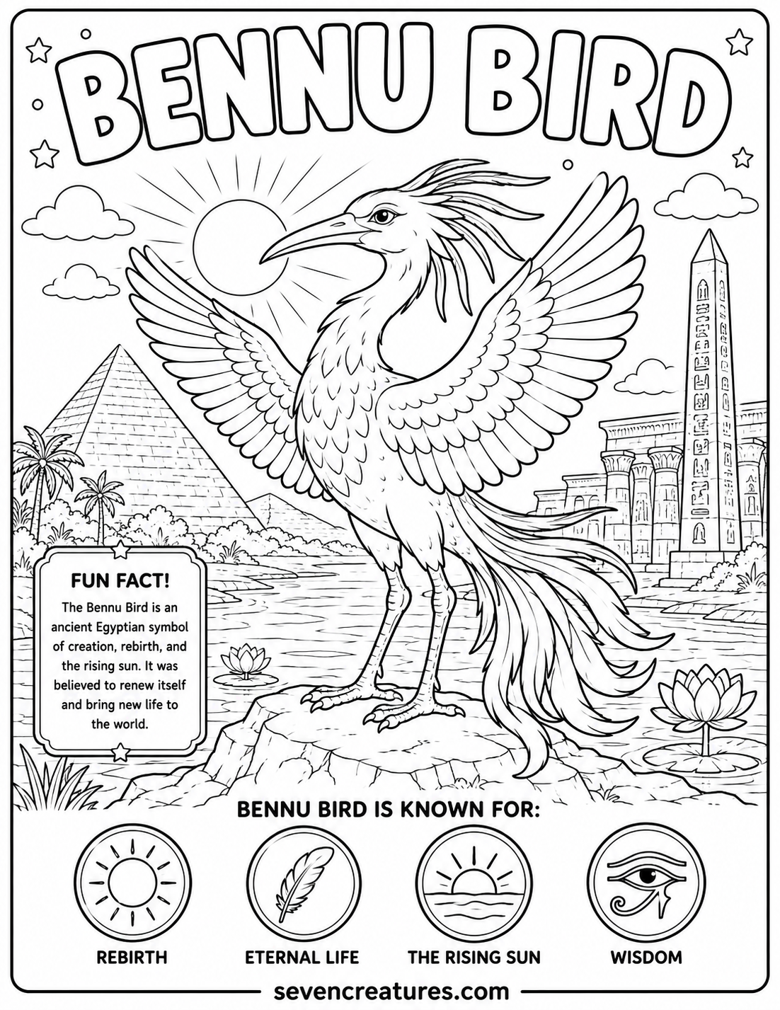 Printable Bennu Bird coloring page with Egyptian scenery