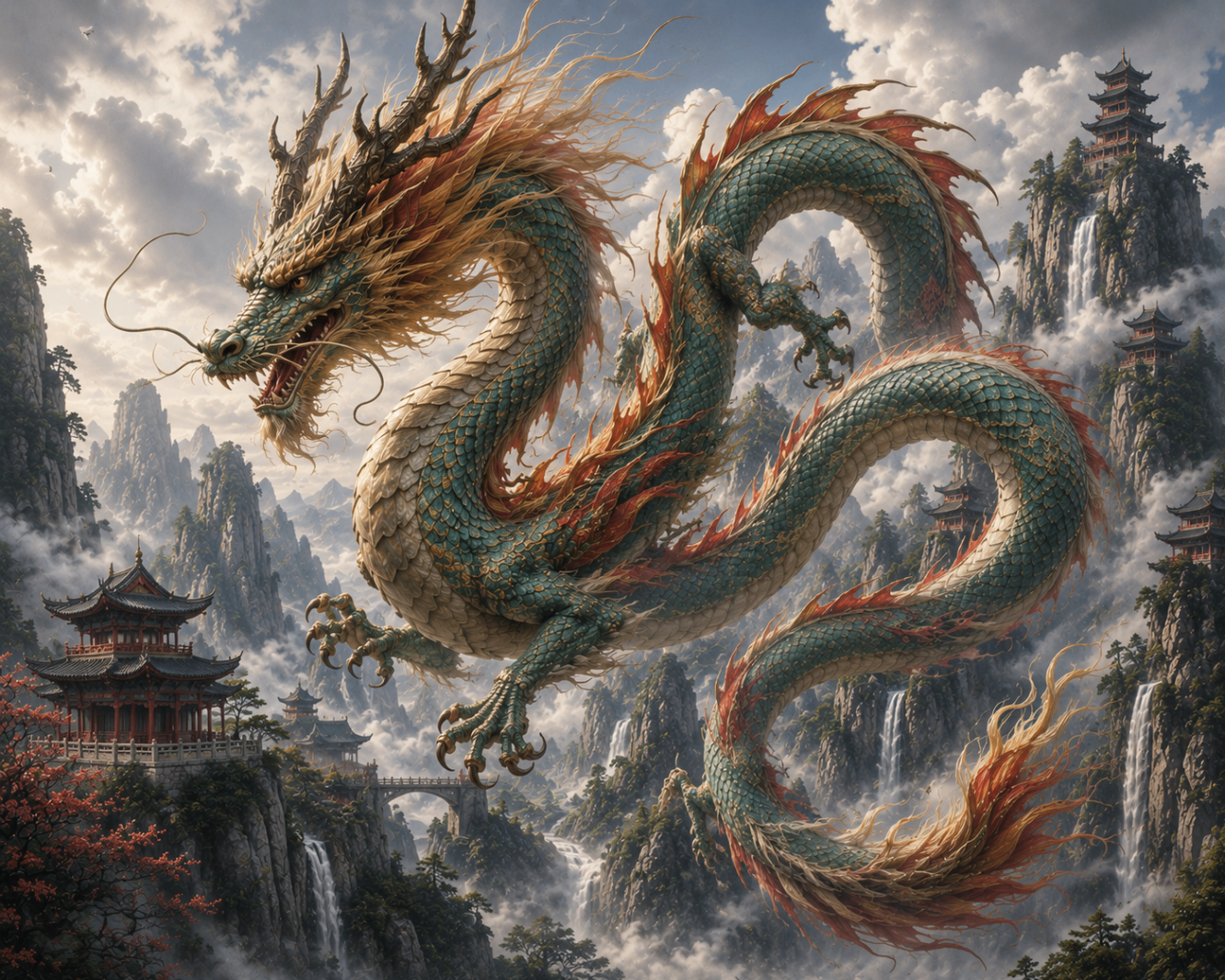 Chinese dragon with a long serpent-like body soaring above mountain temples