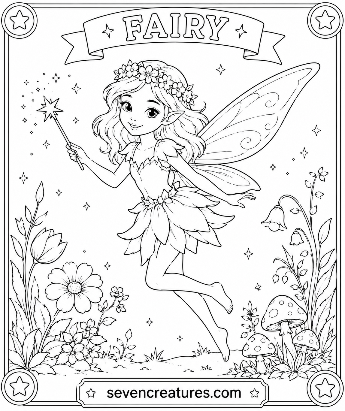 Printable fairy coloring page with a fairy and wand in a flower meadow